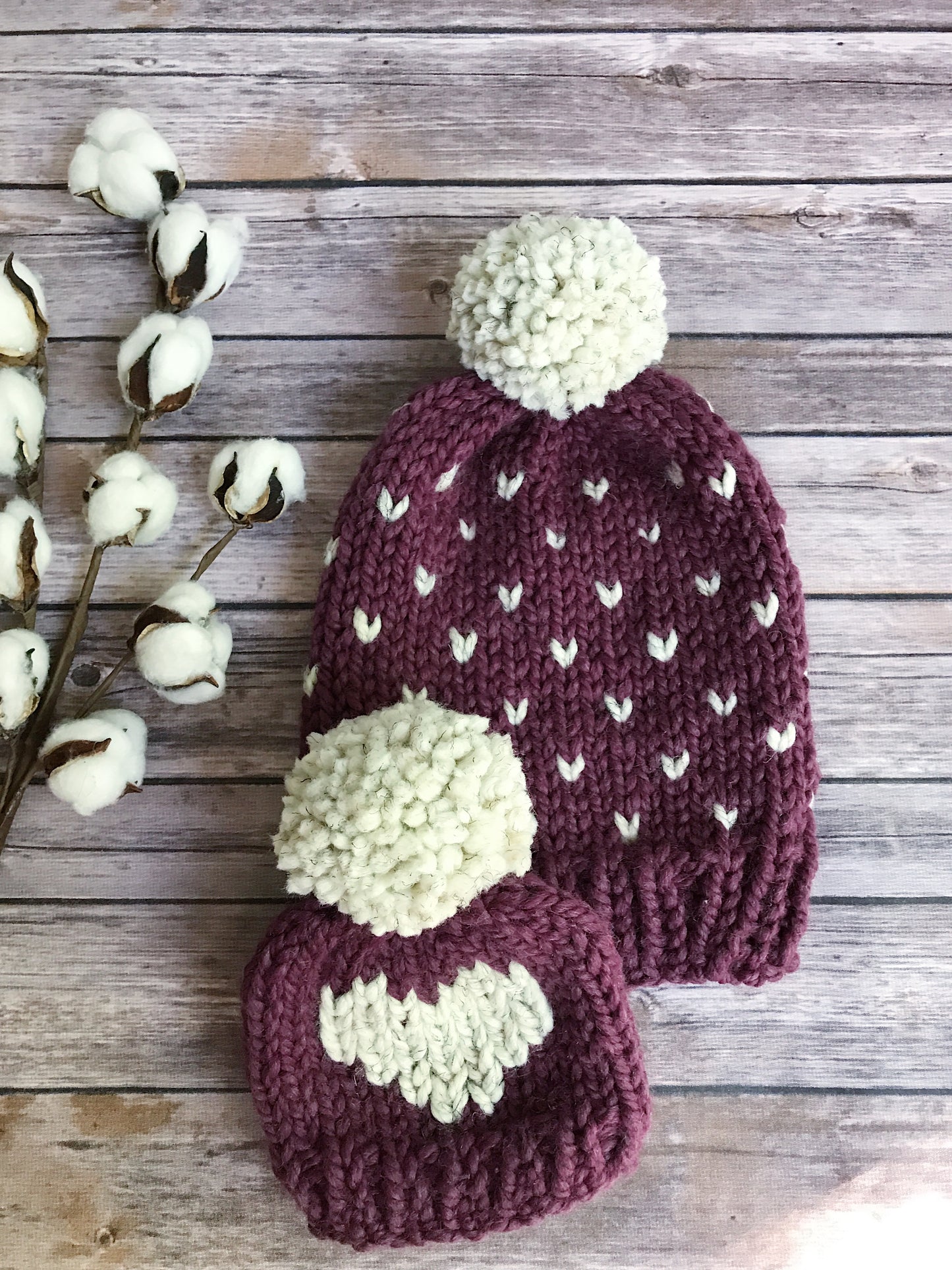 Mommy and Me Hats Knit Fair Isle Baby and Adult Beanie Yarn Pom Pom // Hearts