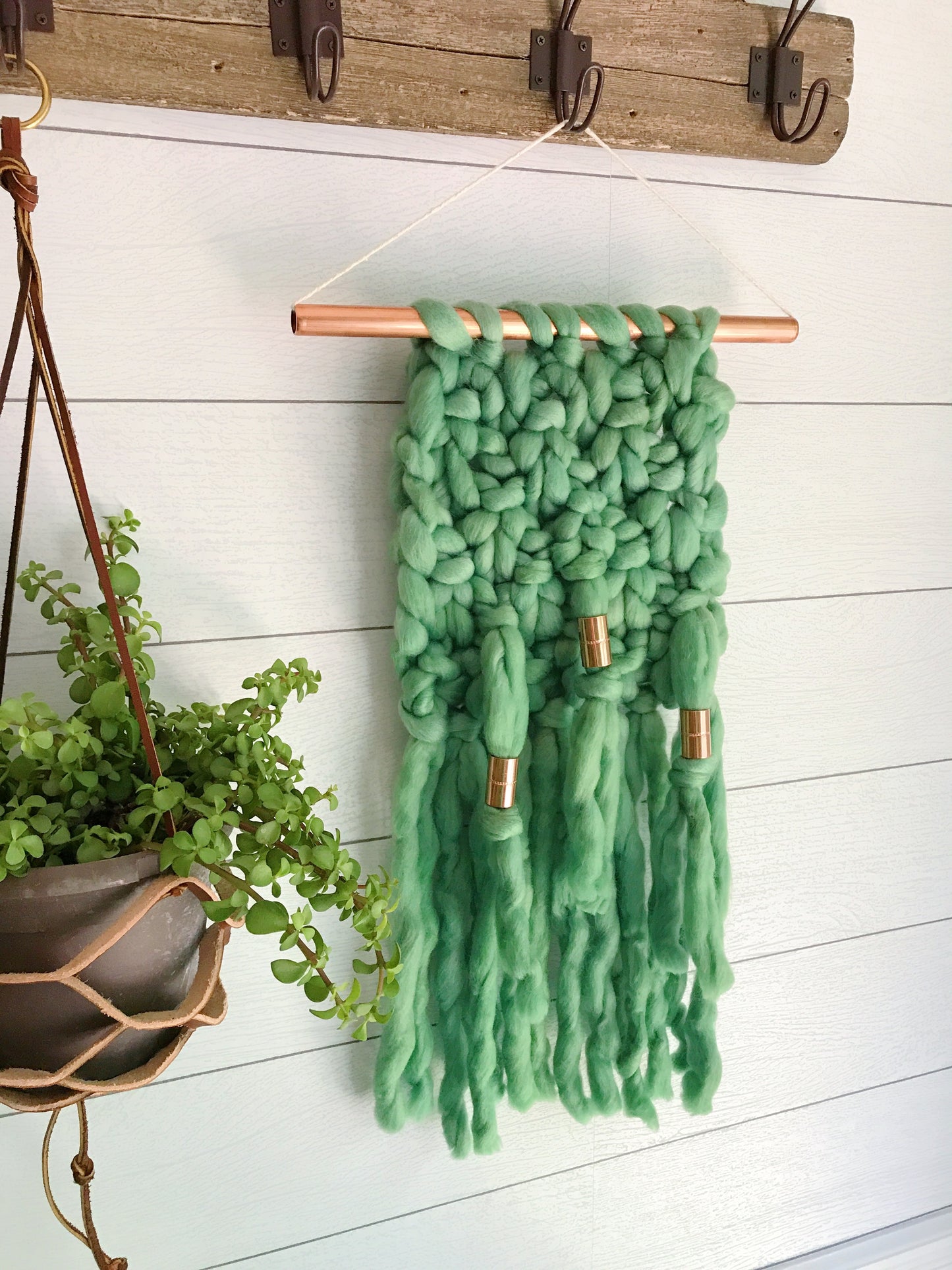 Palm Leaf Green Knit Wall Hanging with Copper Detail