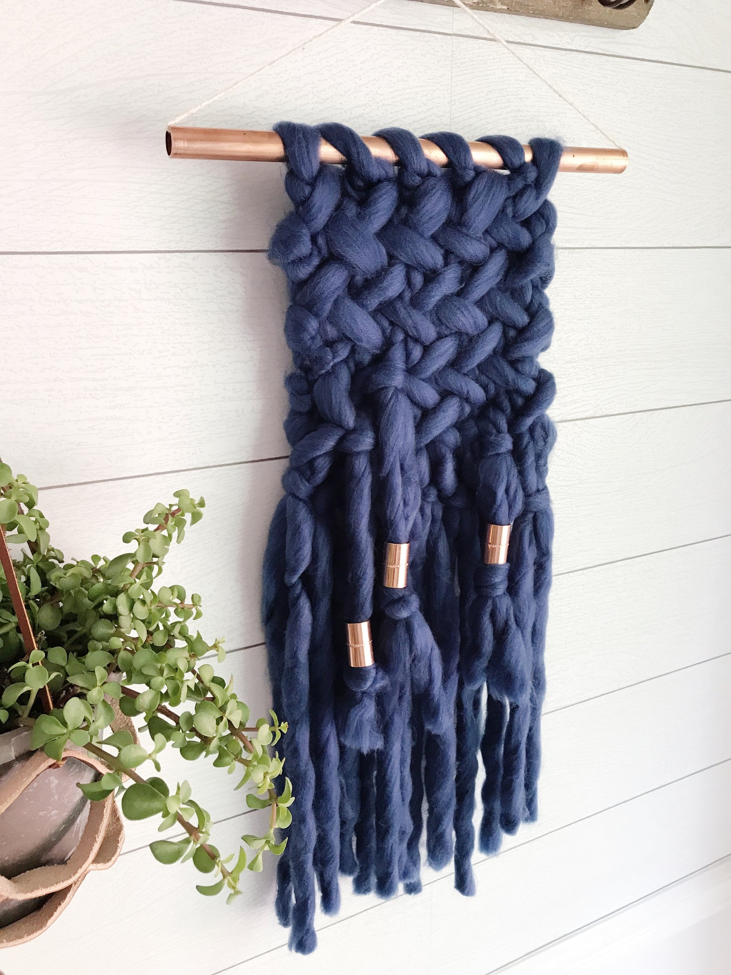 Indigo Blue Knit Wall Hanging with Copper Detail // Regular Size