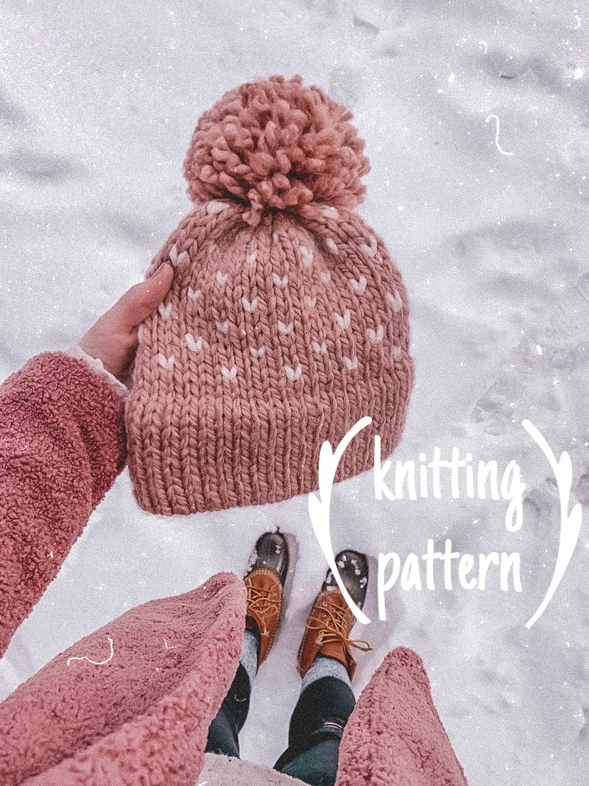 Double Brim Fair Isle Hearts Hat Knitting Pattern – Pom Pom Beanie PDF – Cozy Winter Knit Hat – Instant Digital Download