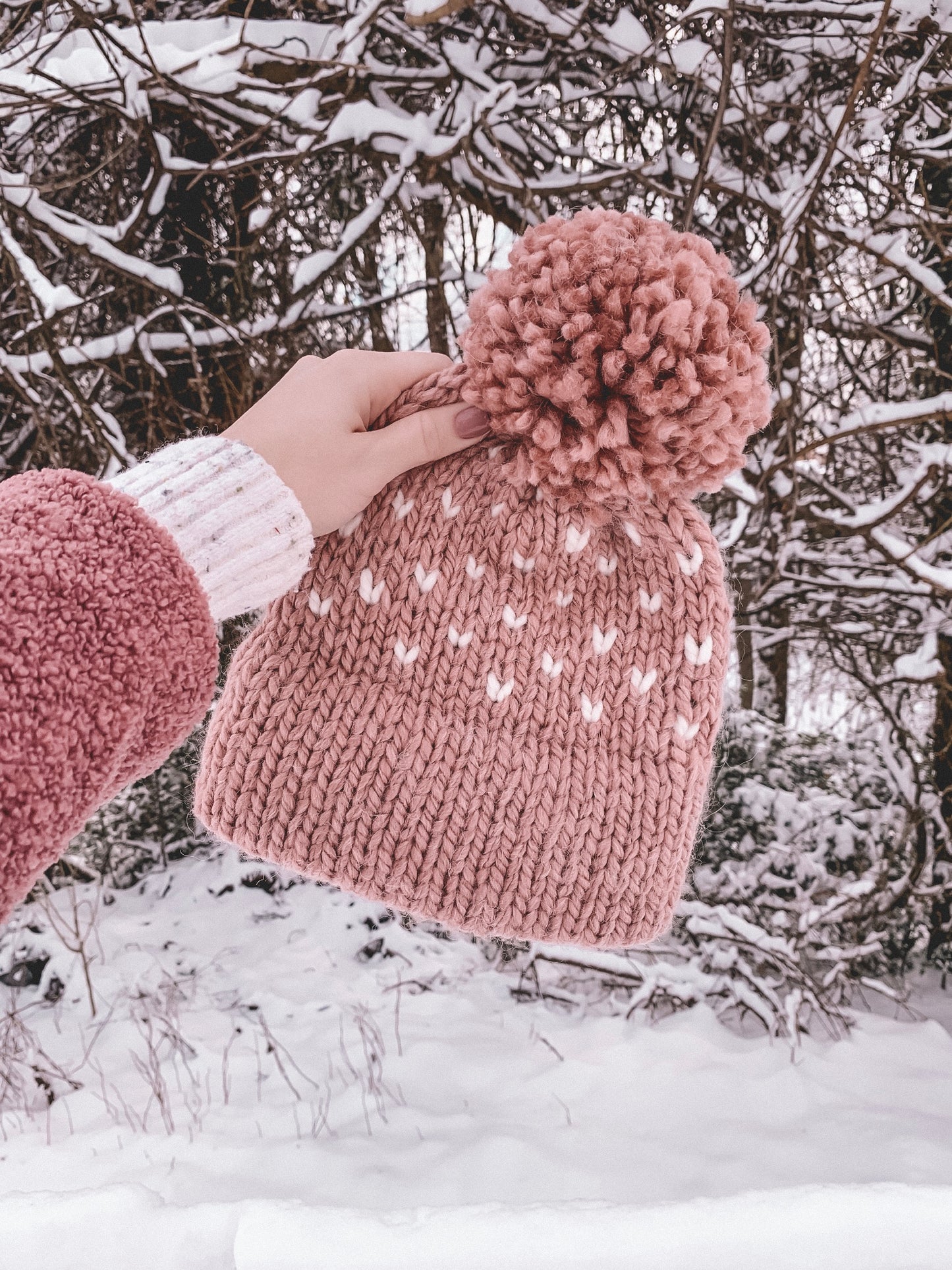 Double Brim Fair Isle Hearts Hat Knitting Pattern – Pom Pom Beanie PDF – Cozy Winter Knit Hat – Instant Digital Download