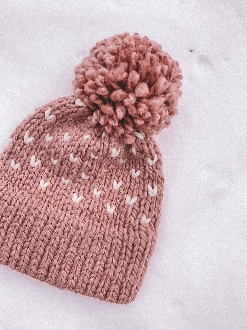 Easy Knitting Pattern Adult Hat Double Brim Beanie Fair Isle Knitting // Fair Isle Hearts