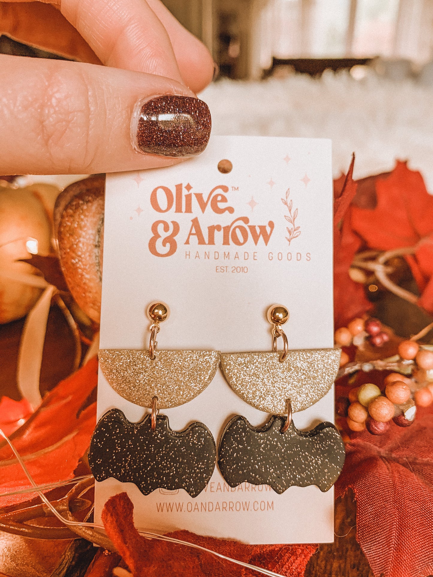 BAT DANGLES // Black and Gold Glittery Bat Clay Earrings