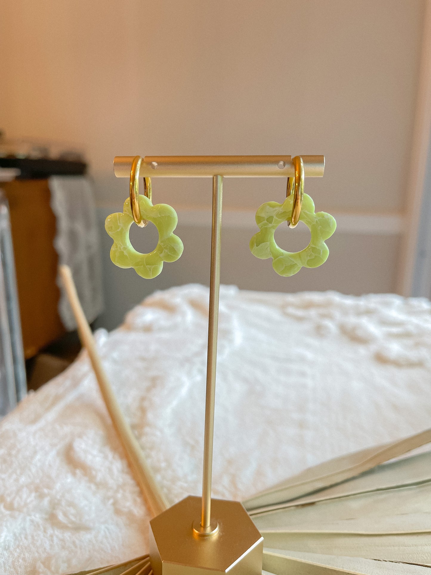 Lime Green Daisy Huggie Hoops- SILVER // Summer Collection 2022