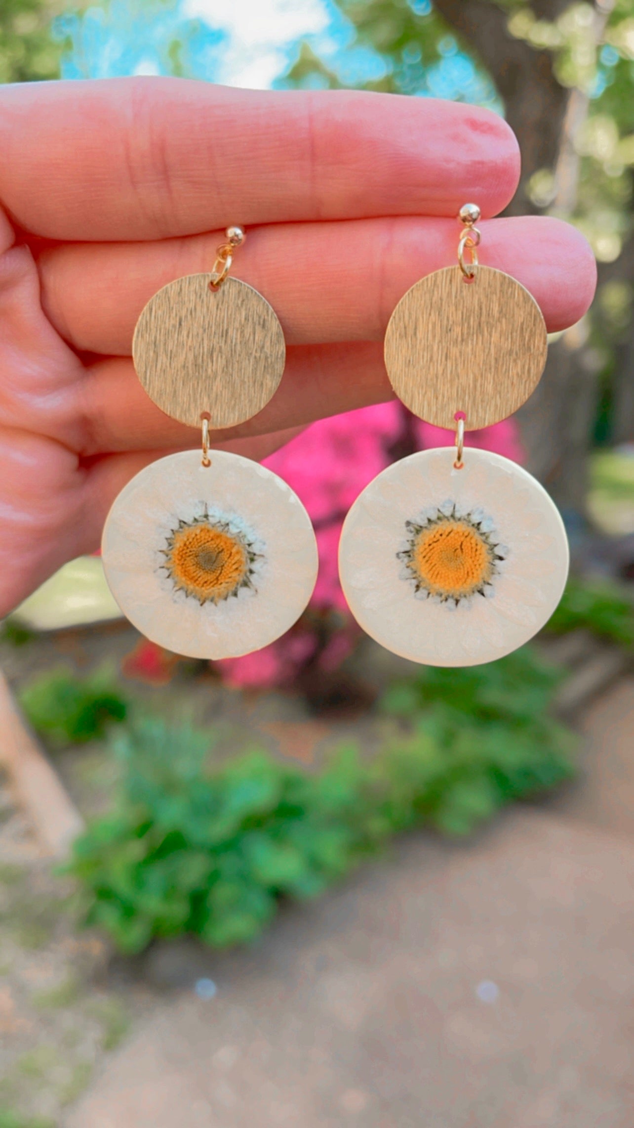 Round Pressed Daisy Dangles // Spring Collection