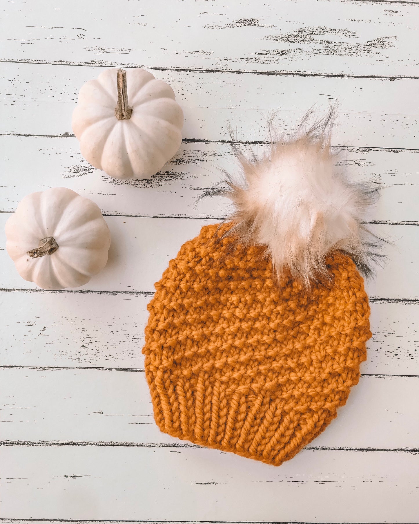 Adult Knitted Textured Beanie with Faux Fur Pom Pom // The Acadia - Butterscotch