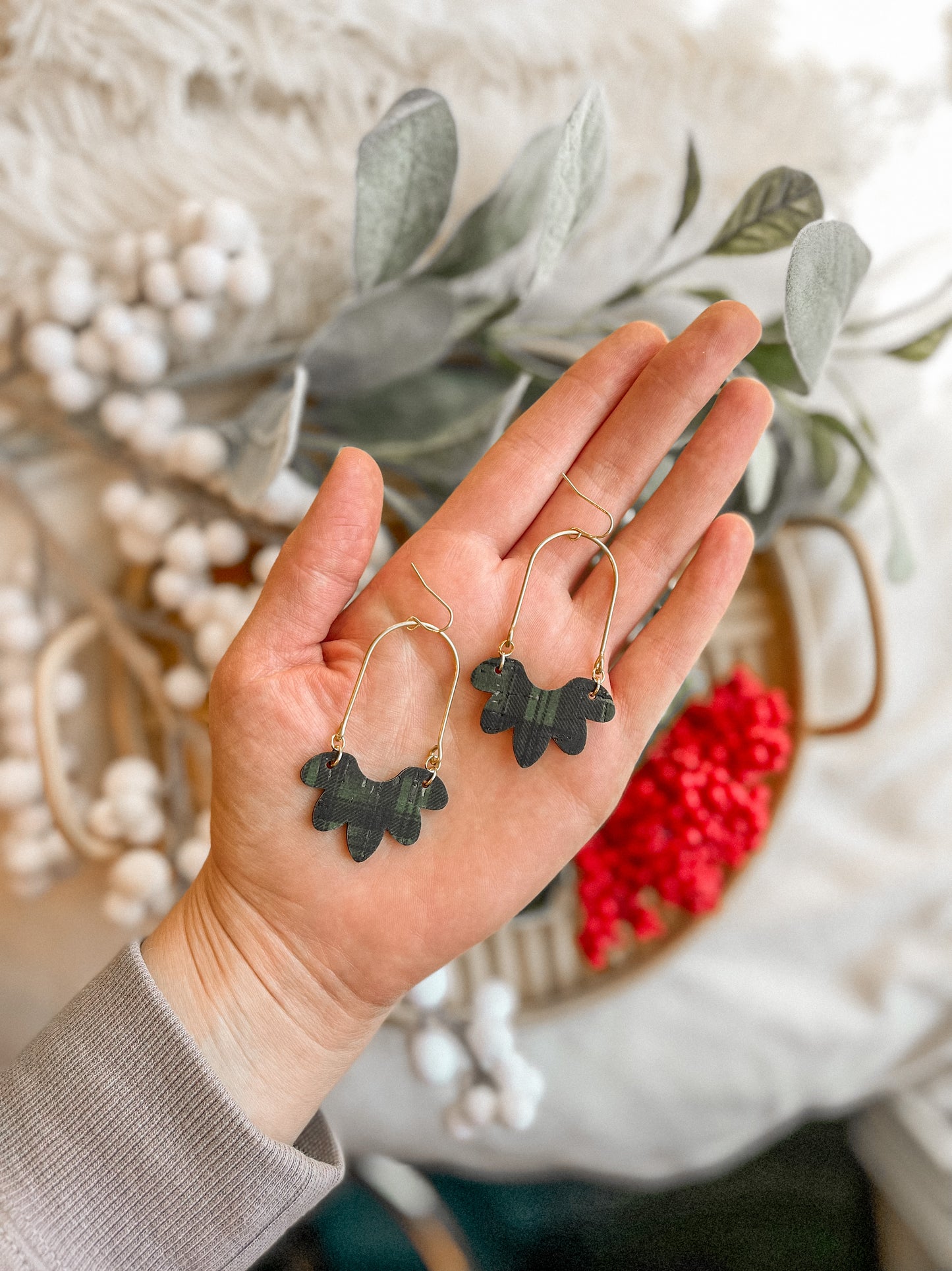 Dark Green Plaid Brass Arch Dangles // Holiday Collection
