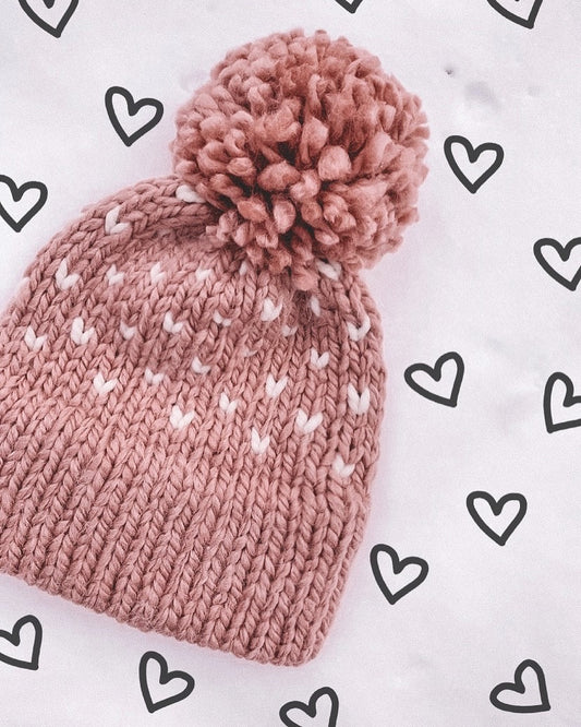 Adult Knitted Fair Isle Hearts Double Brim Beanie with Pom Pom