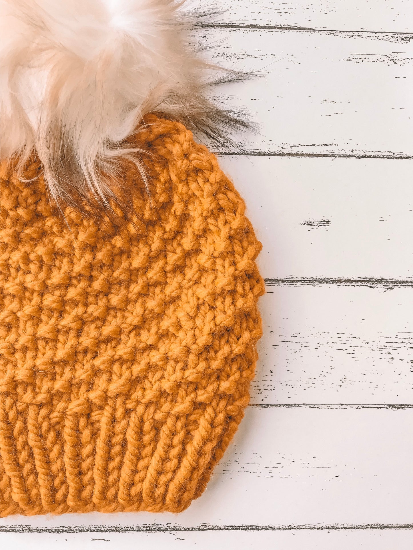 Adult Knitted Textured Beanie with Faux Fur Pom Pom // The Acadia - Butterscotch
