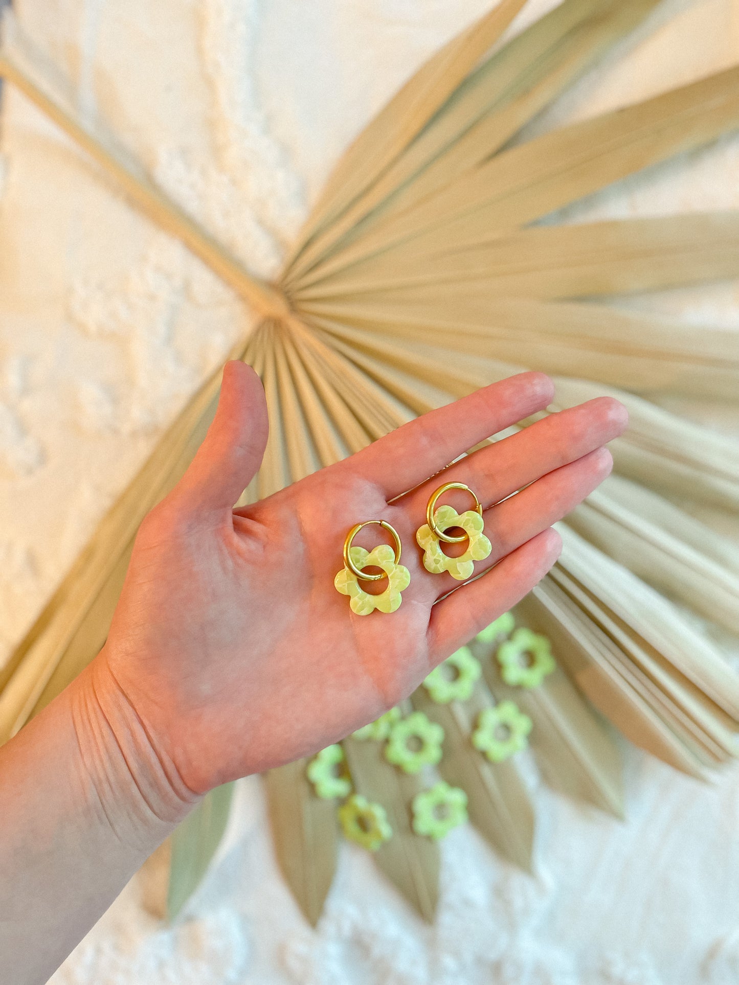 Lime Green Daisy Huggie Hoops- SILVER // Summer Collection 2022