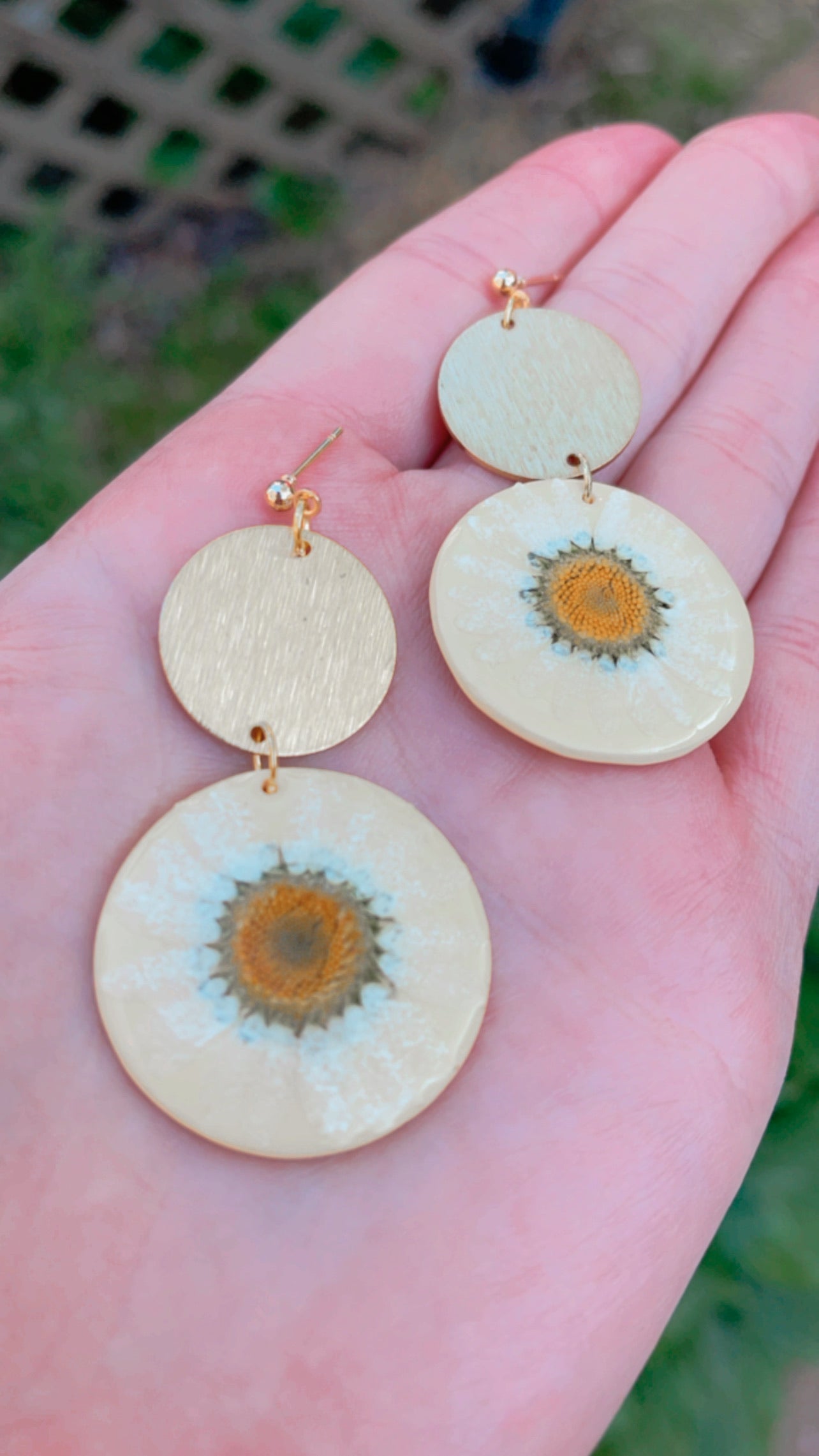 Round Pressed Daisy Dangles // Spring Collection