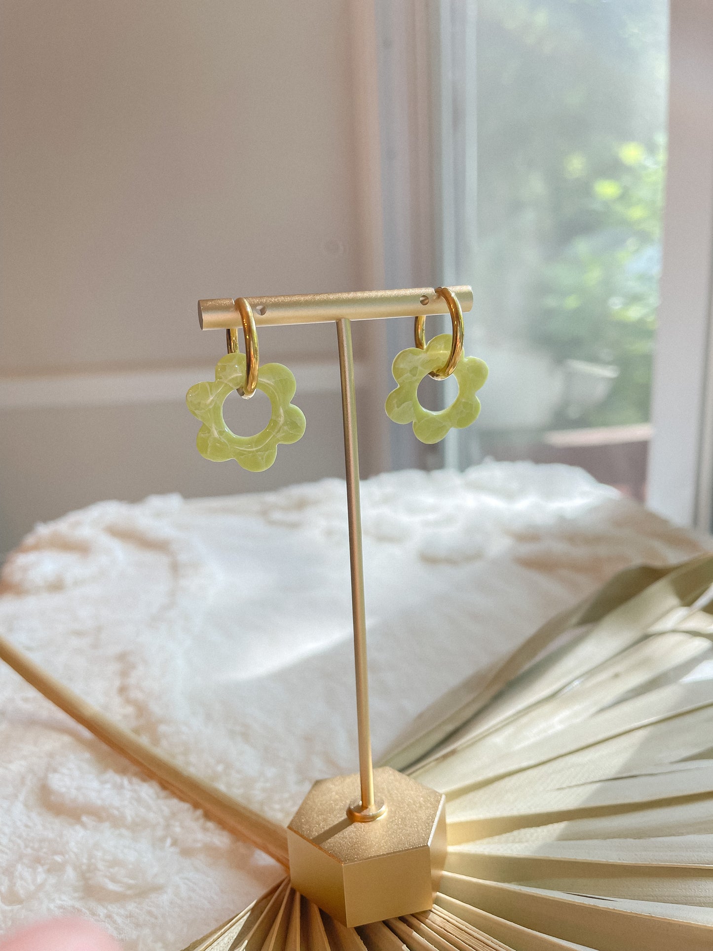 Lime Green Daisy Huggie Hoops- SILVER // Summer Collection 2022