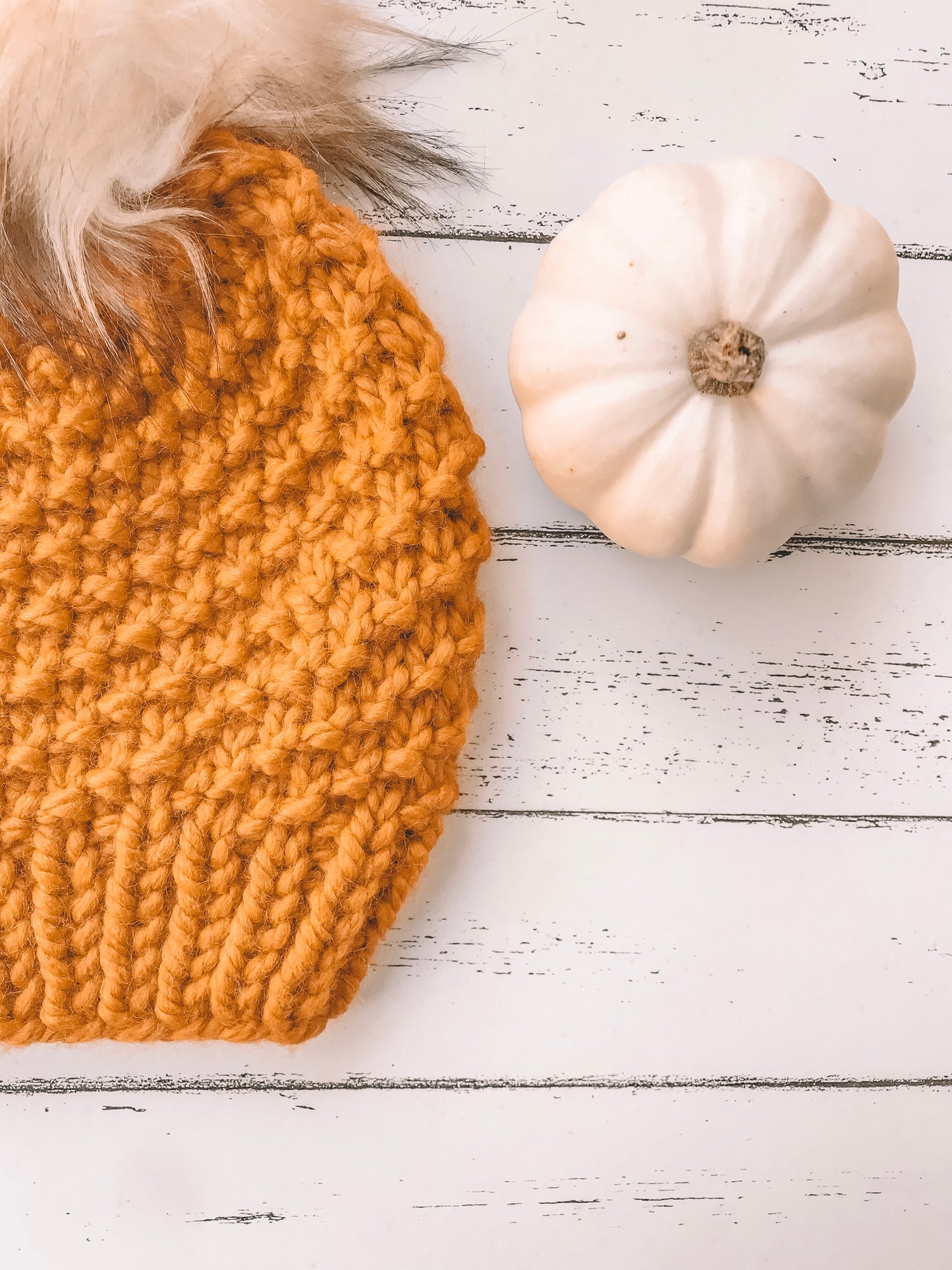 Adult Knitted Textured Beanie with Faux Fur Pom Pom // The Acadia - Butterscotch