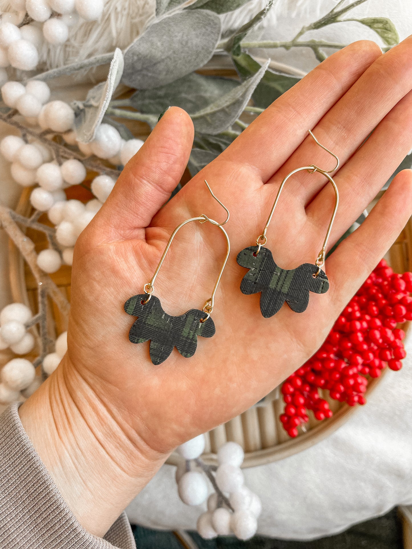 Dark Green Plaid Brass Arch Dangles // Holiday Collection