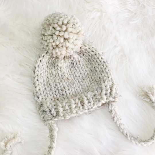 Knit Baby Hat Beanie Handmade Yarn Pom Pom and Ties