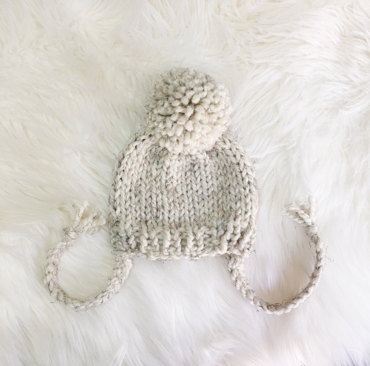 Knit Baby Hat Beanie Handmade Yarn Pom Pom and Ties