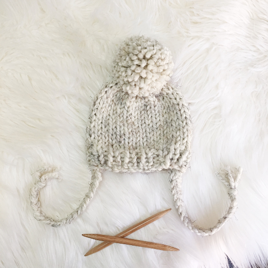 Knit Baby Hat Beanie Handmade Yarn Pom Pom and Ties