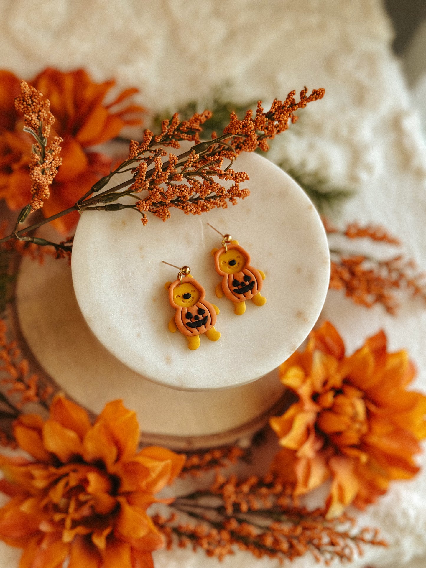Pumpkin Pooh Bears polymer clay earrings in pumpkin design Halloween jewelry