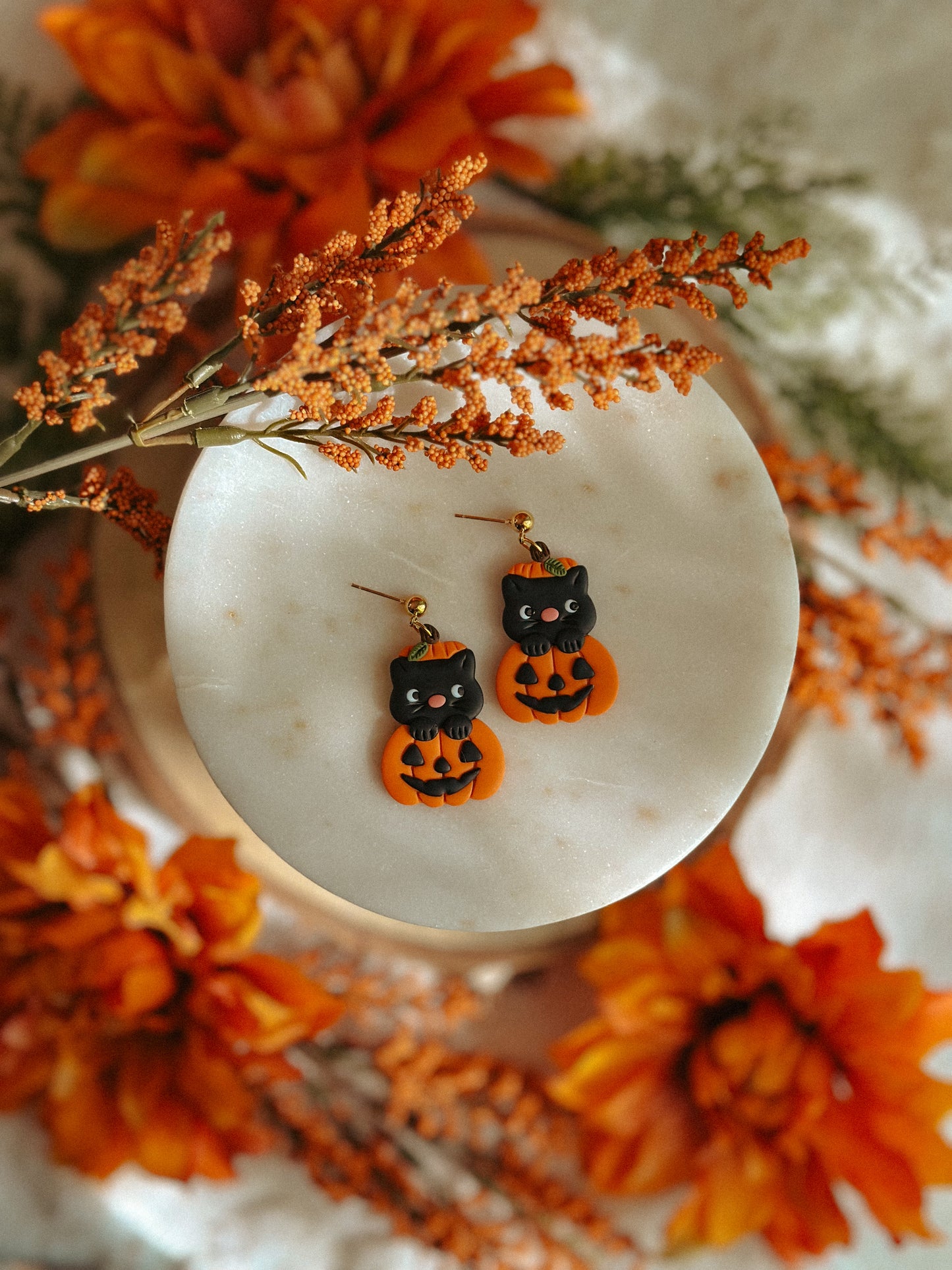 Pumpkin Kitty Drop Dangle polymer clay earrings black kitty pumpkin design