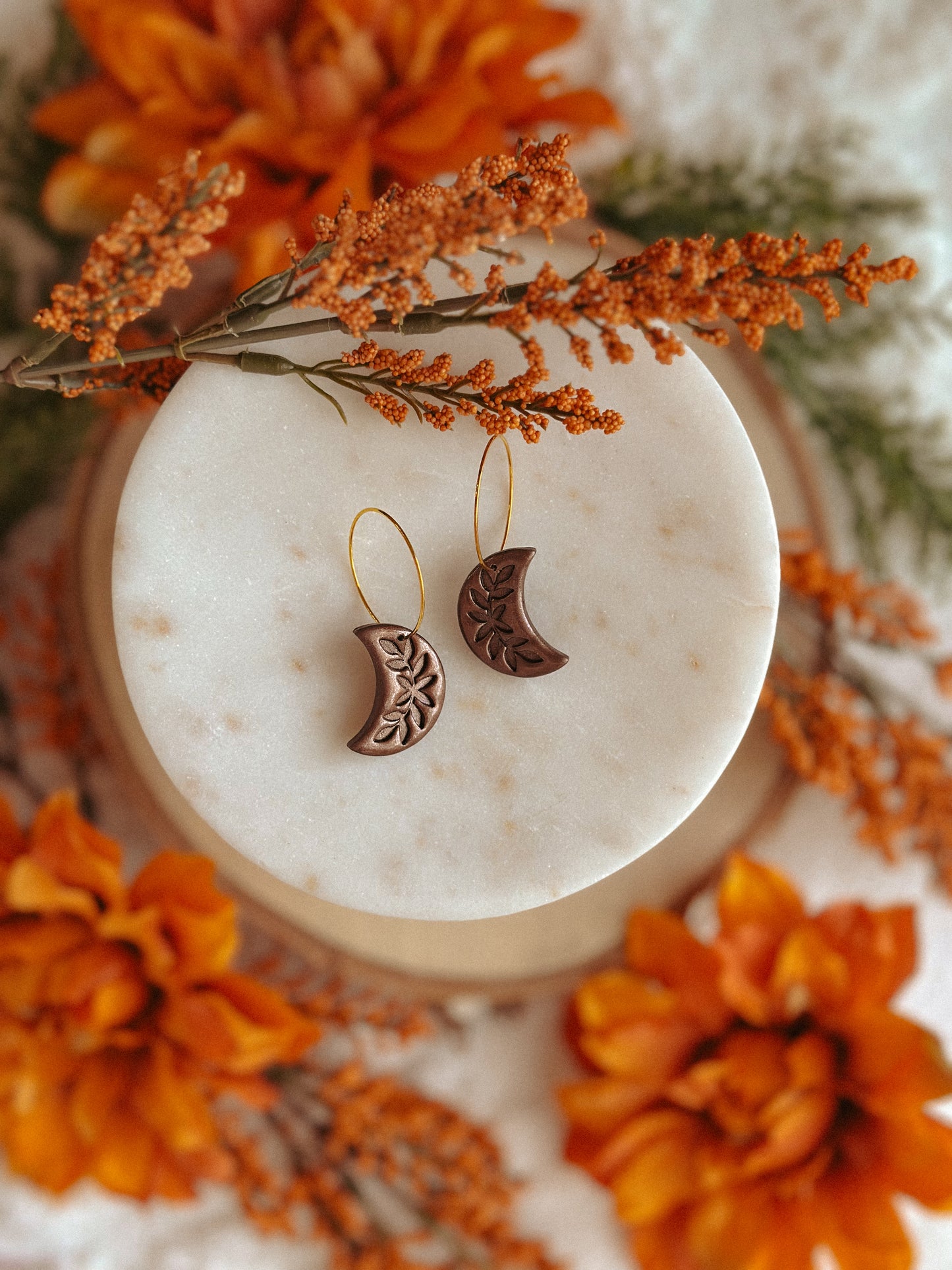 Mocha Shimmer Crescent Moon Hoops – Shimmery Moon Hoop Earrings in Mulberry