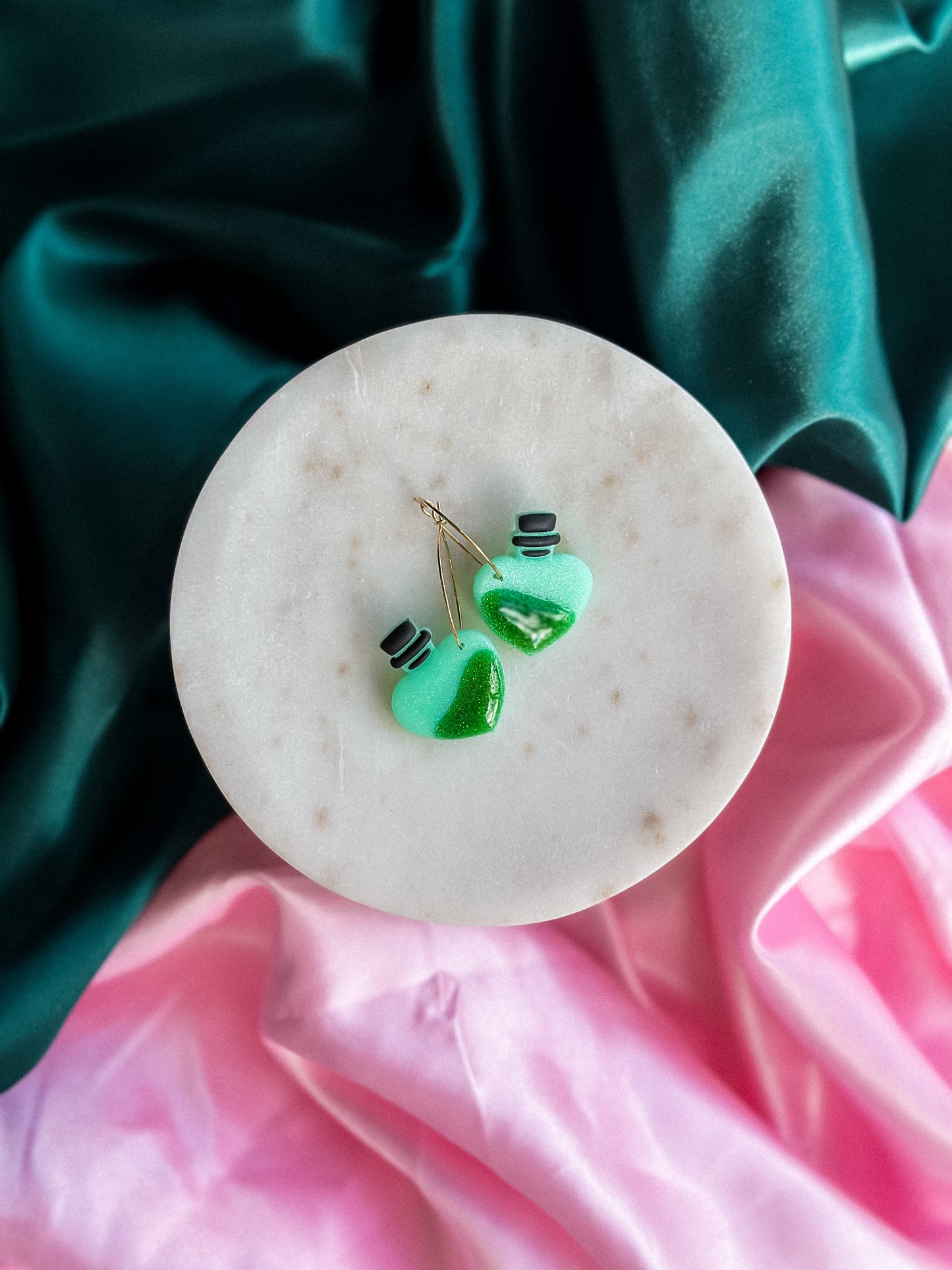 The Green Elixir Wicked Hoops earrings witch potion green handmade polymer clay hoop earrings Wicked Earrings Elphaba Earrings