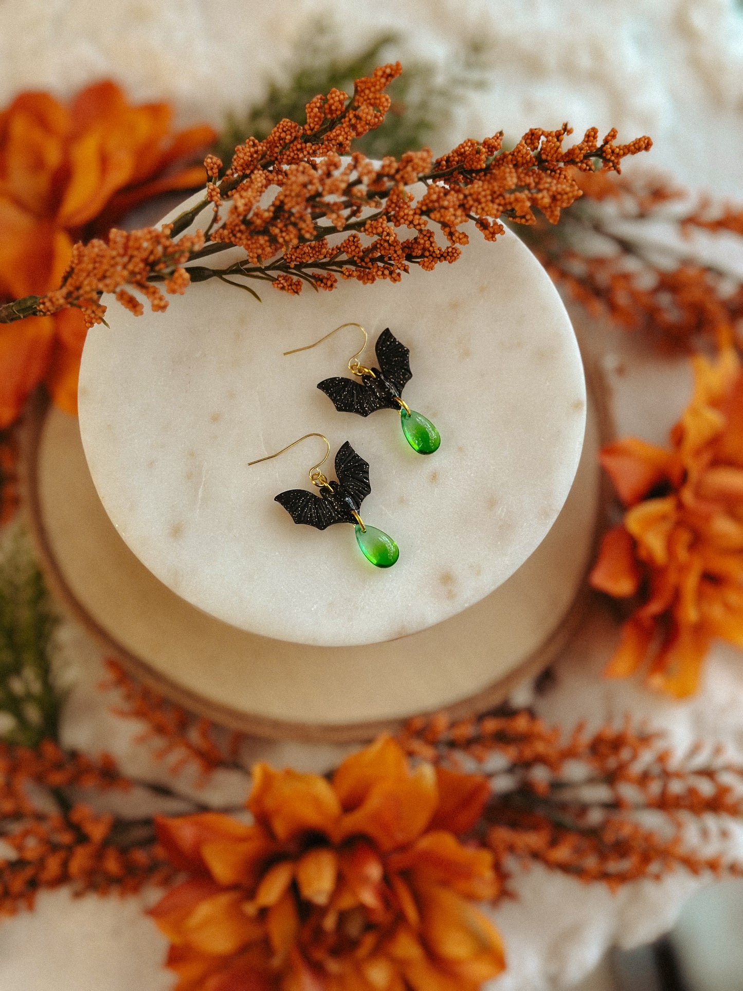 Freakin’ BATS Gemstone Drops – Spooky Polymer Clay & Gemstone Dangle Earrings