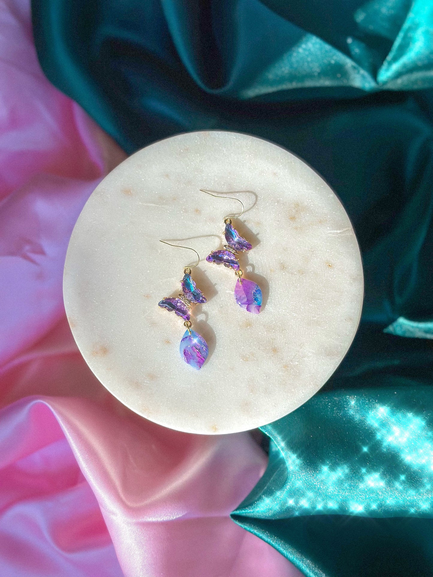 Glinda’s Gown Earrings Stained Glass butterfly earrings handmade polymer clay earrings Wicked inspired earrings pastel stained glass butterfly earrings