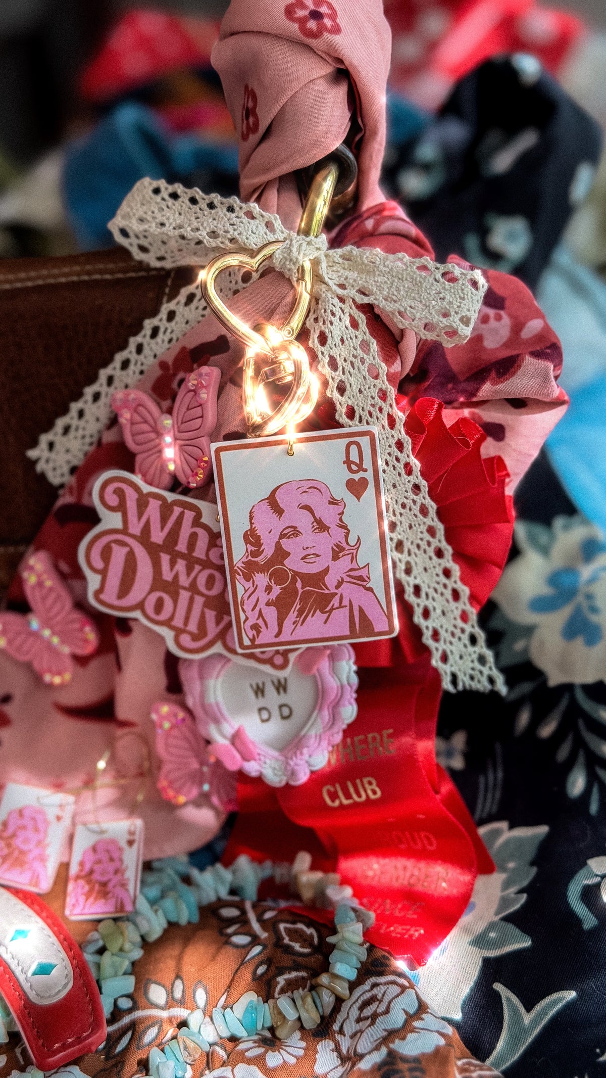 Handmade Queen Dolly card bag charm with gold heart clasp, lace ribbon and pink floral scarf