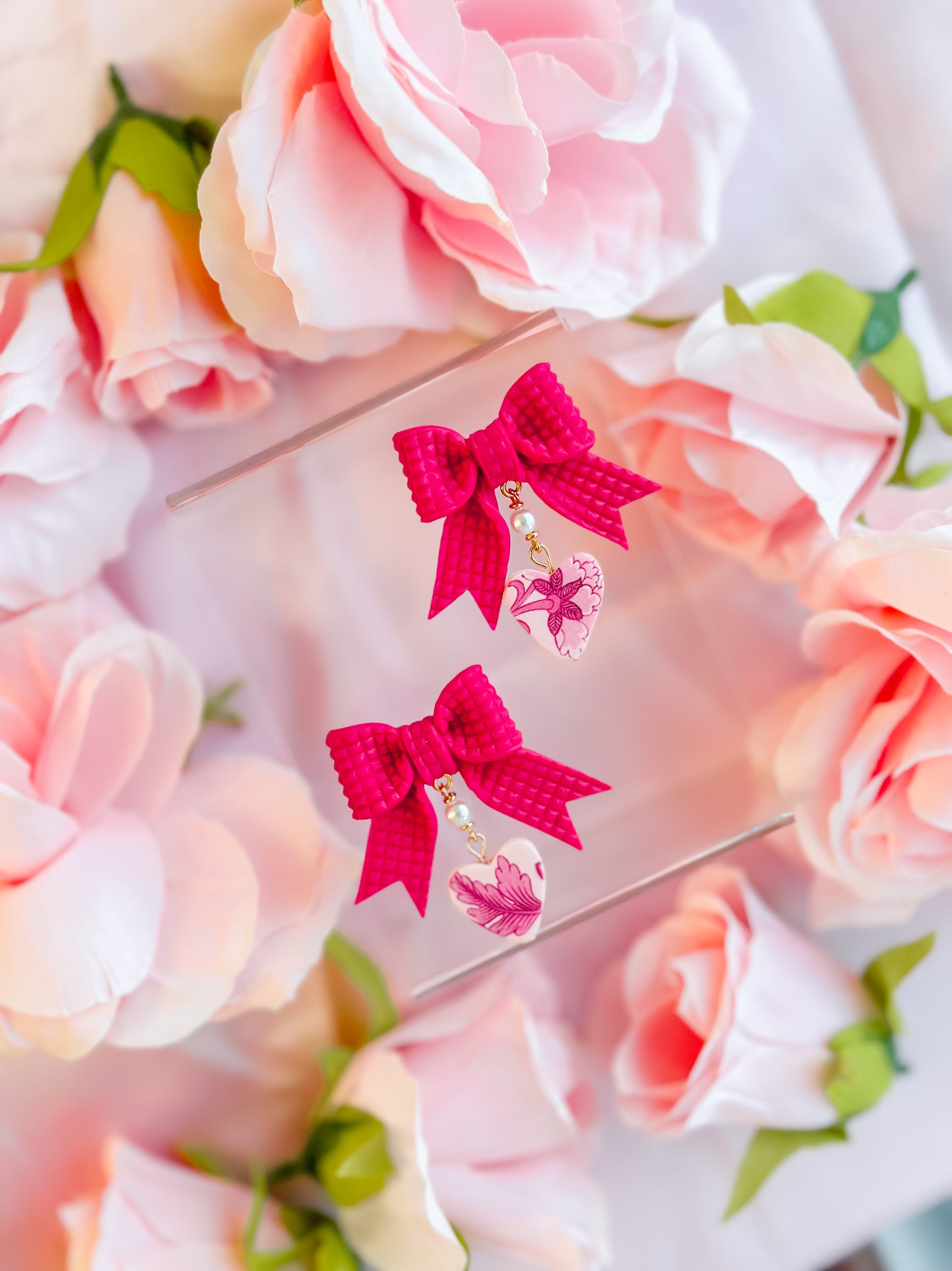 Deep Pink Bows with Chinoiserie Hearts Drops