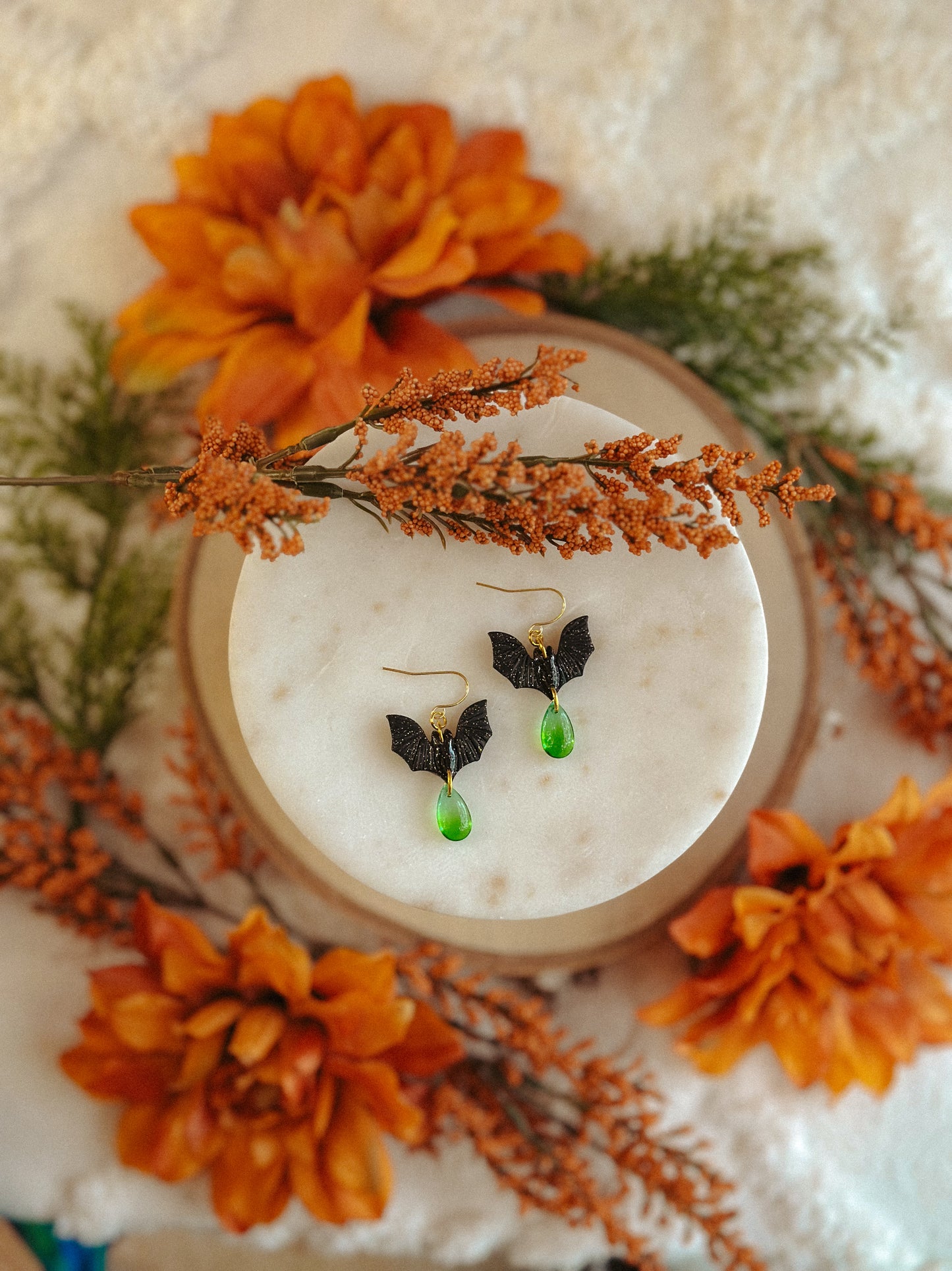 Freakin’ BATS Gemstone Drops – Spooky Polymer Clay & Gemstone Dangle Earrings