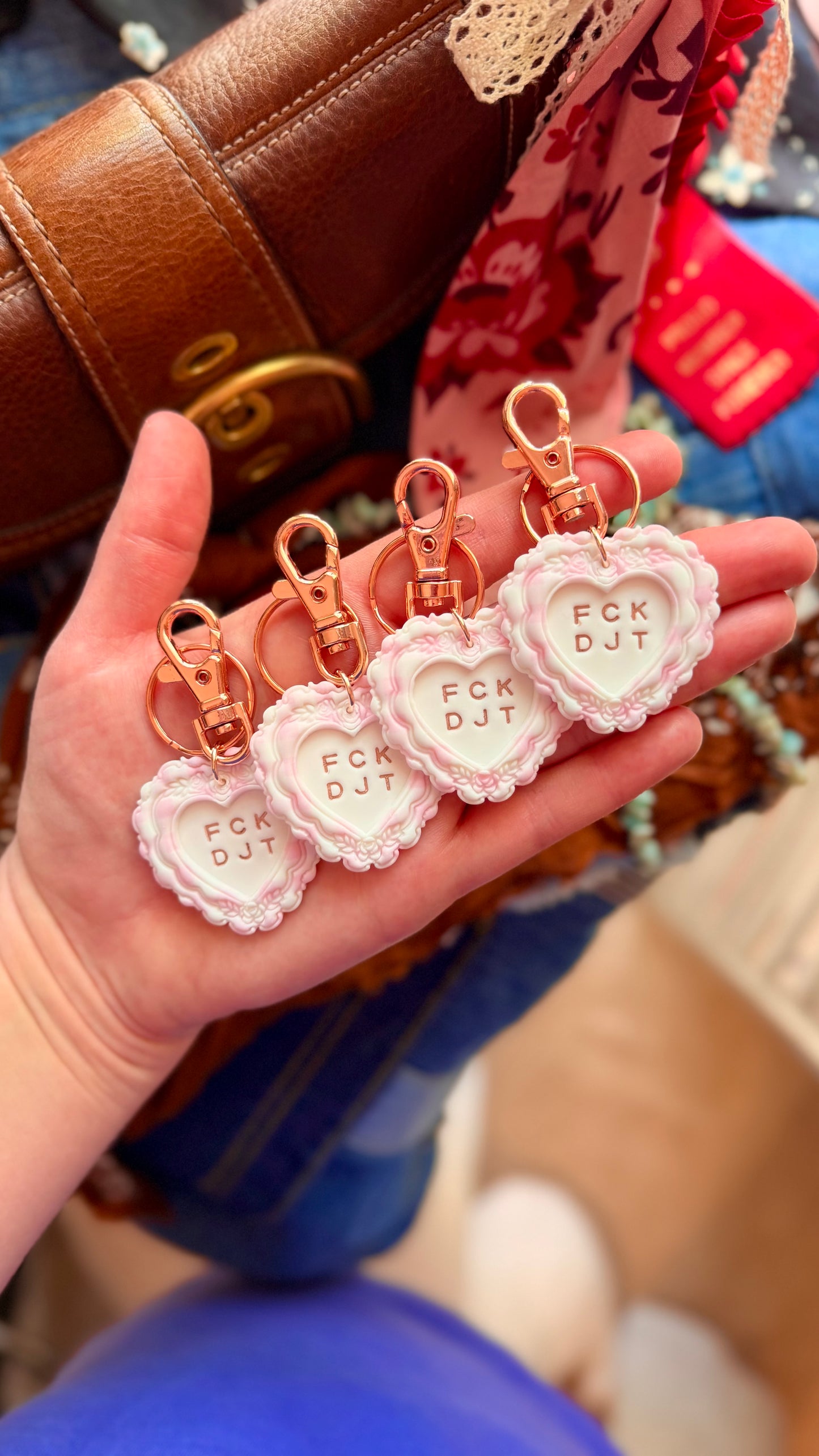 FCK DJT PINK Gingham Heart Keychain in ROSE GOLD- Handmade Polymer Clay Bag Charm