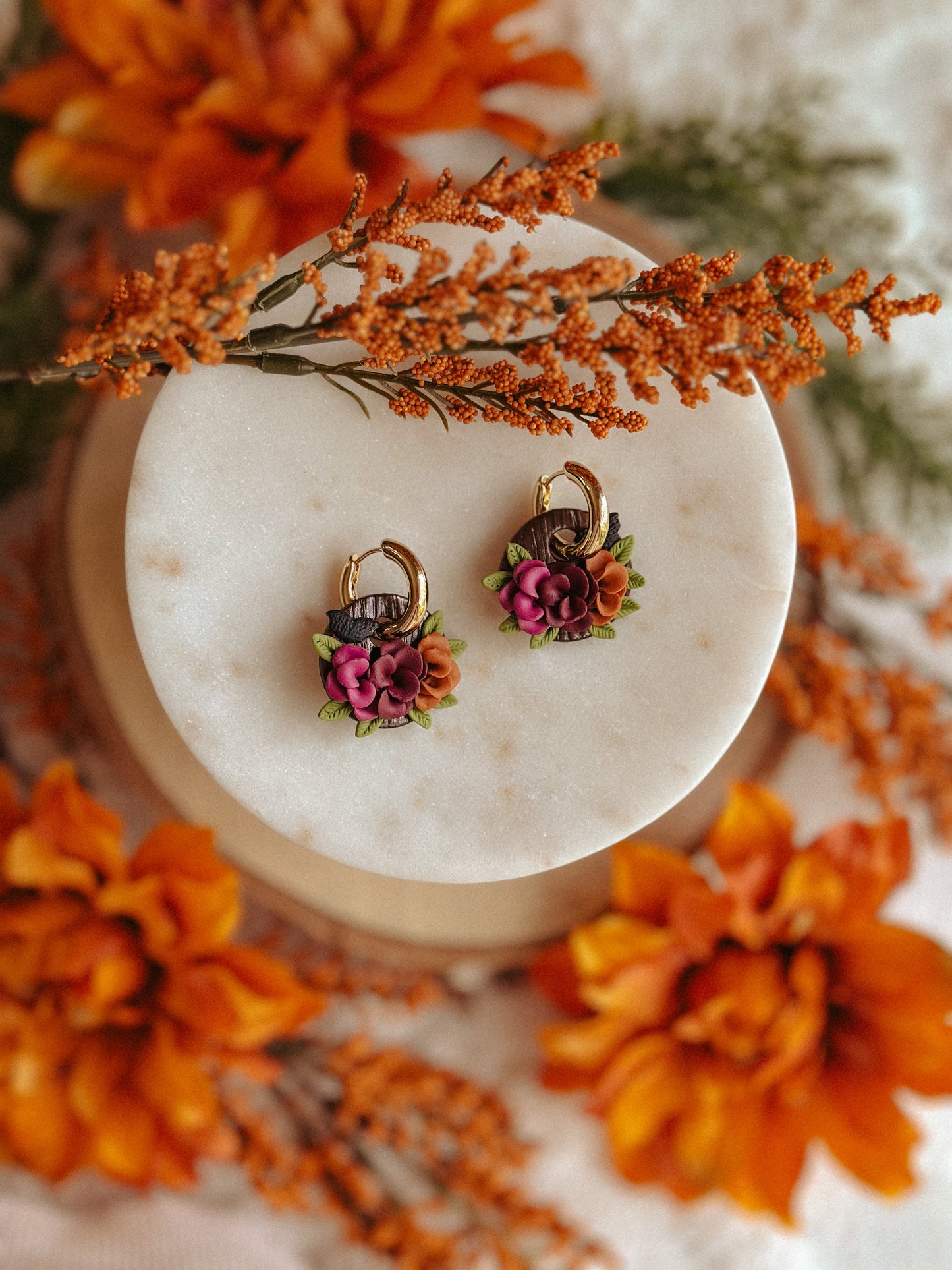 Autumn Floral Huggies – Fall Flower Polymer Clay Hoop Earrings