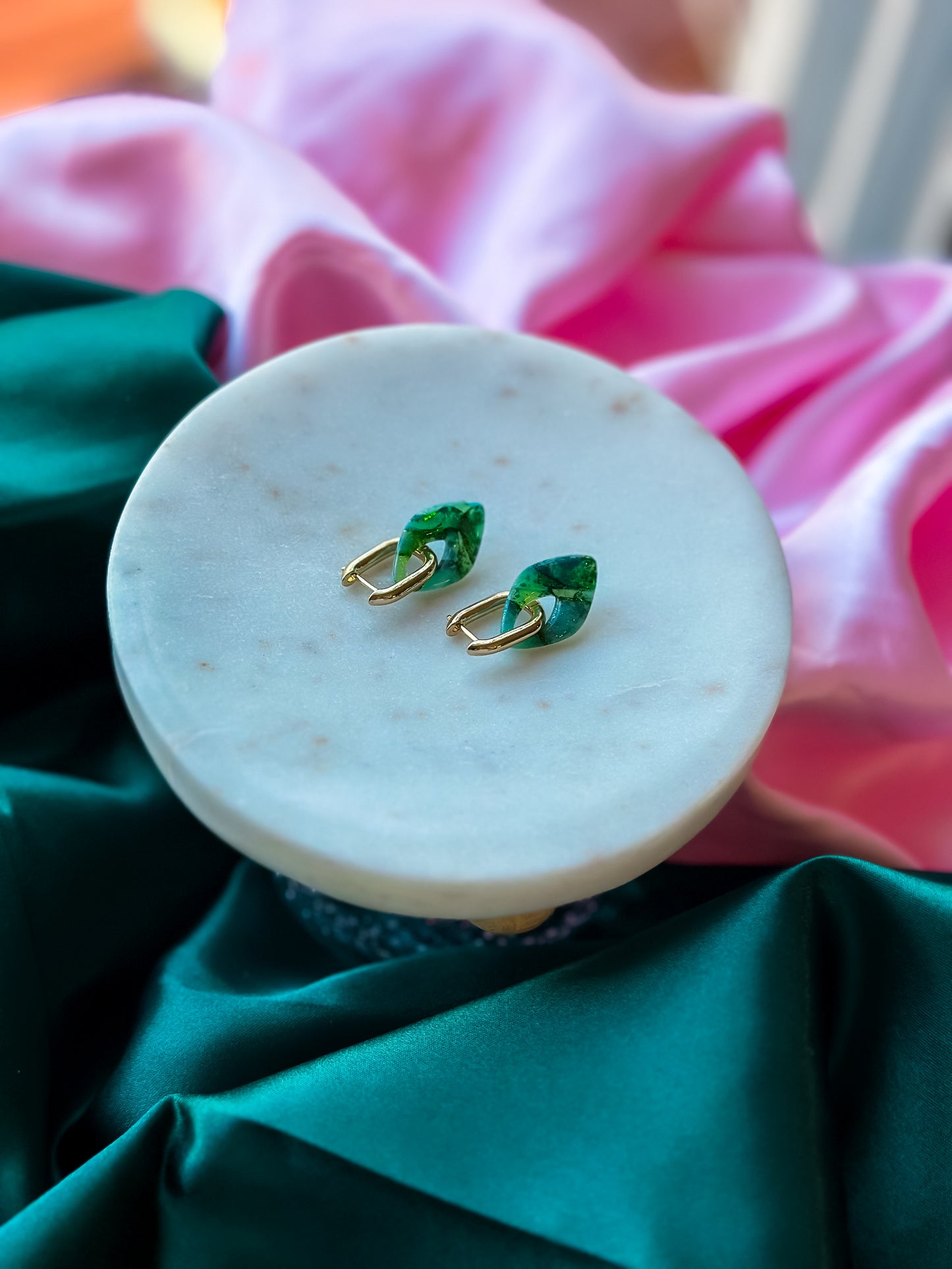 Elphaba green stained glass earrings handmade polymer clay huggies hoops emerald Wicked inspired earrings