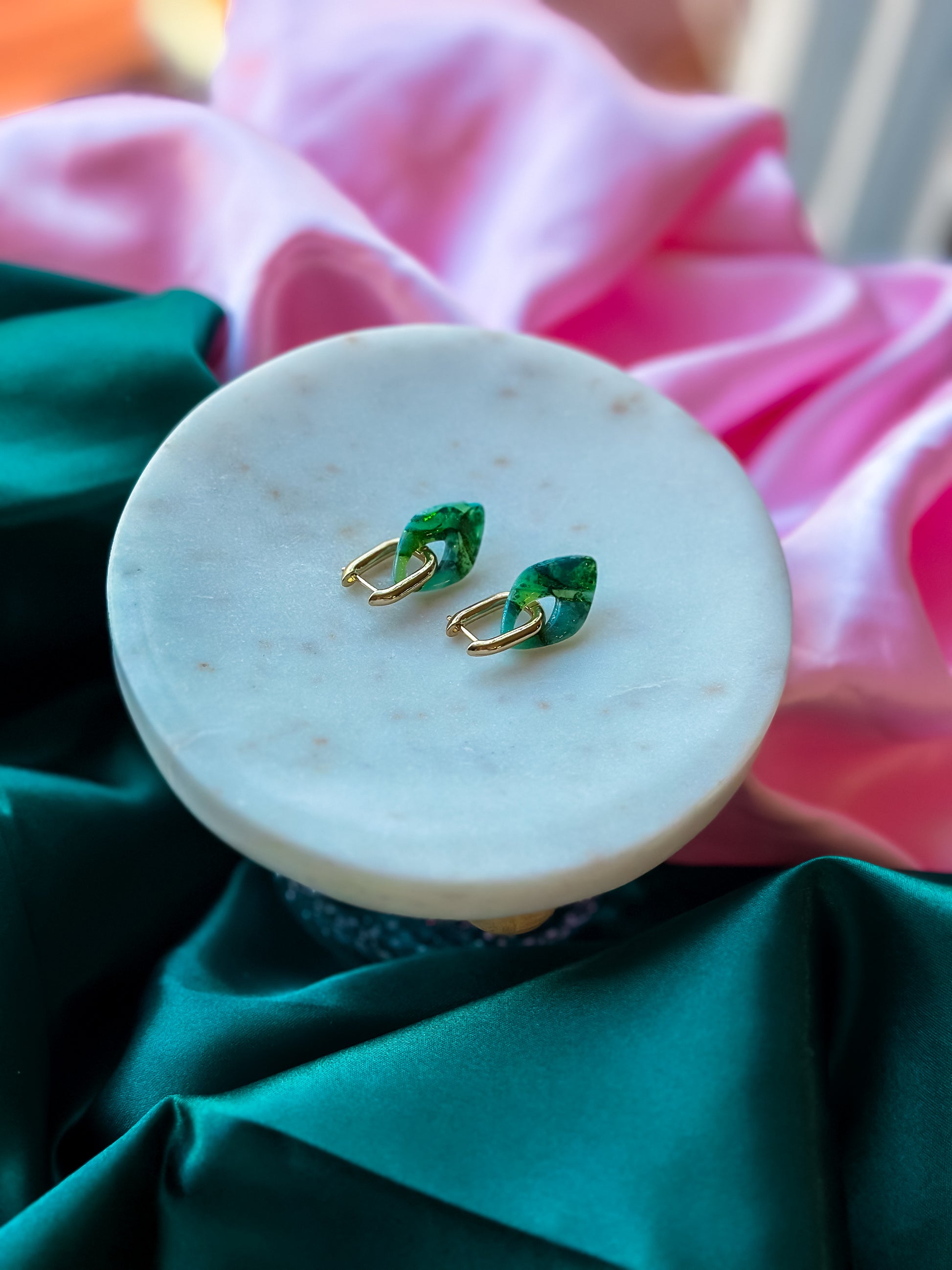 Elphaba green stained glass earrings handmade polymer clay huggies hoops emerald Wicked inspired earrings