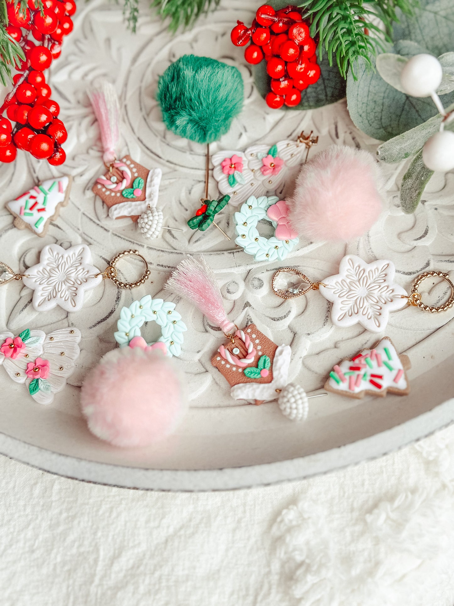 Vintage Mint Wreath Drops w/ Pink Poms