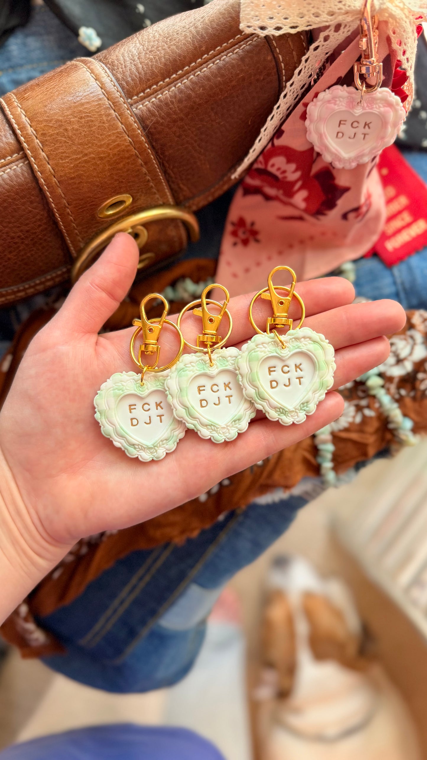 FCK DJT Green Gingham Heart Keychain Handmade Polymer Clay Bag Charm- Prototype