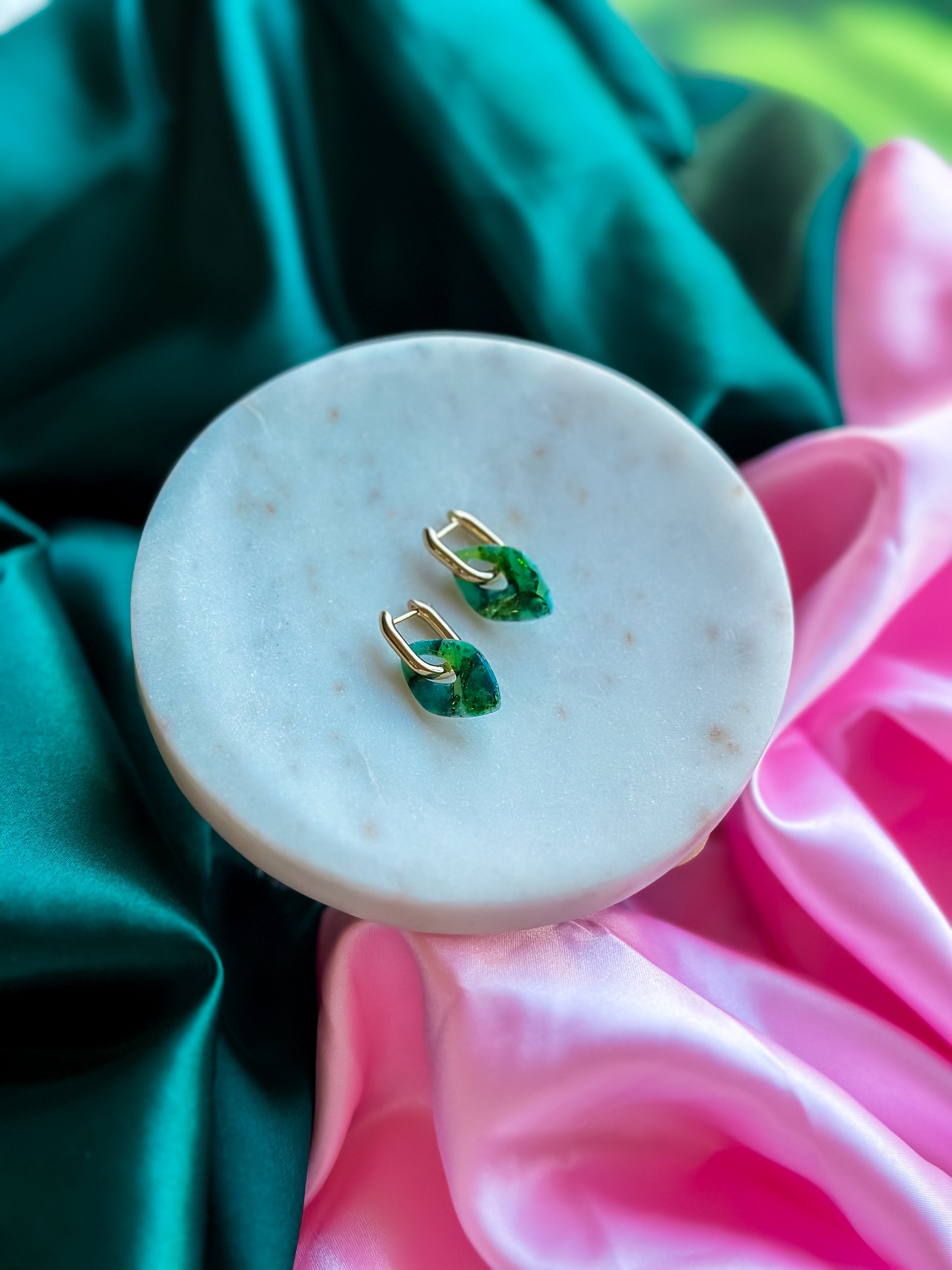 Elphaba green stained glass earrings handmade polymer clay huggies hoops emerald Wicked inspired earrings