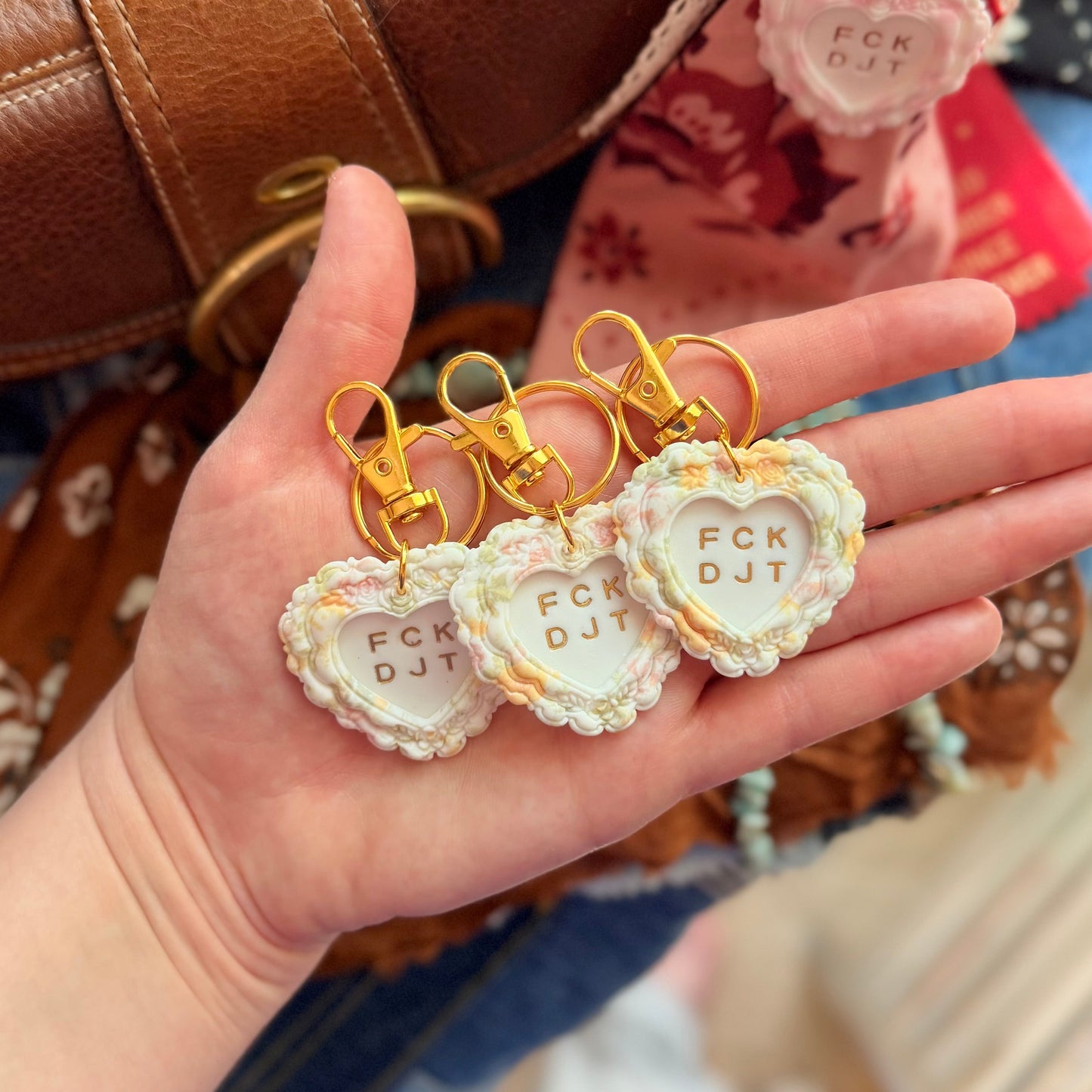 FCK DJT Vintage Floral Heart Keychain Handmade Polymer Clay Bag Charm
