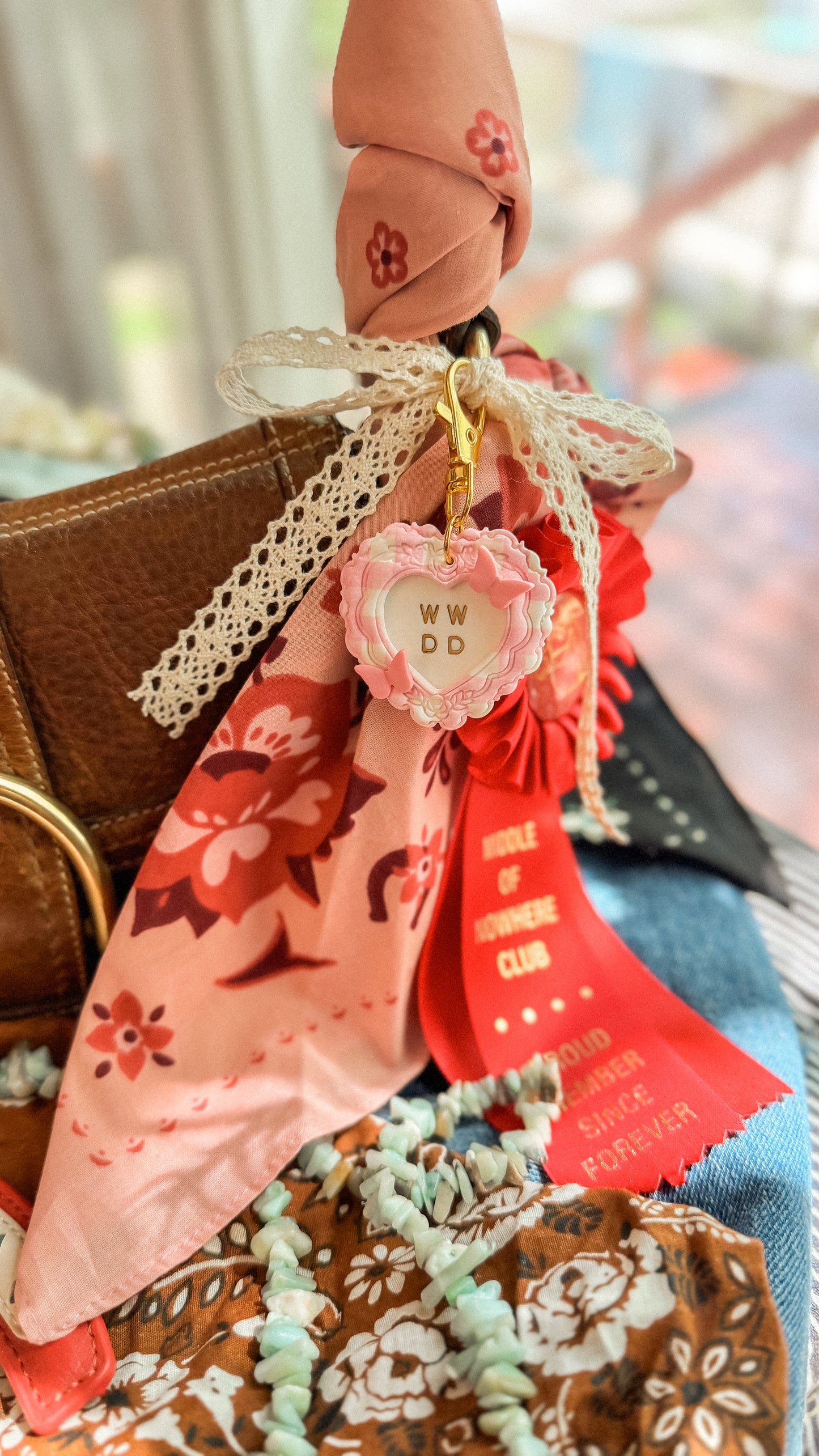 WWDD “What Would Dolly Do?” Pink Gingham Heart Bag Charm / Keychain with Butterflies