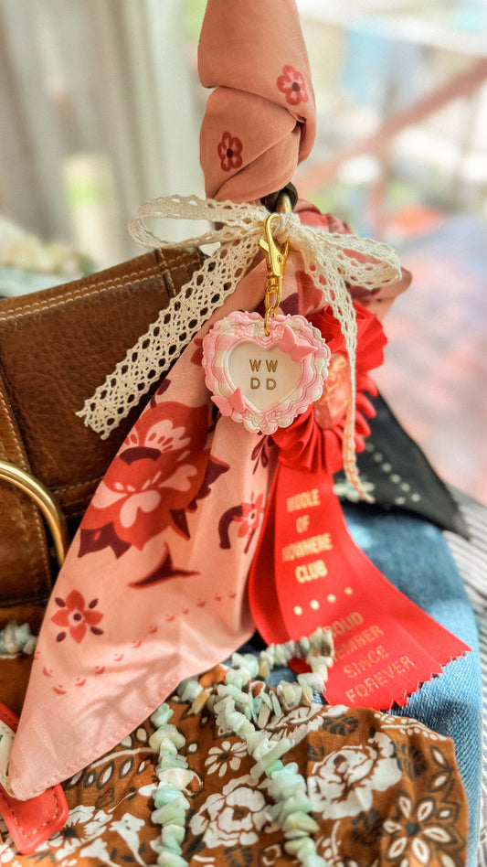 WWDD “What Would Dolly Do?” Pink Gingham Heart Bag Charm / Keychain with Butterflies
