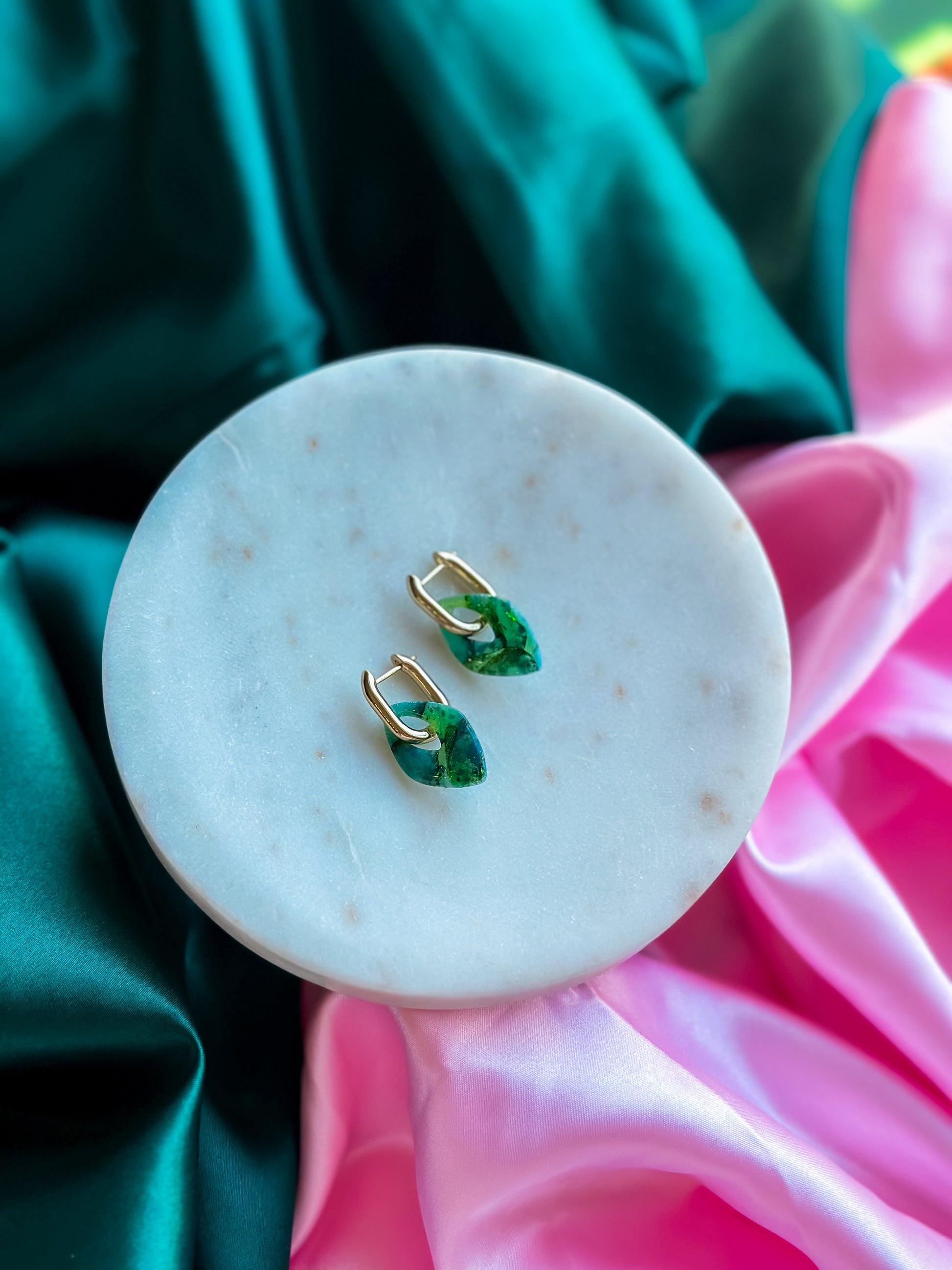 Elphaba green stained glass earrings handmade polymer clay huggies hoops emerald Wicked inspired earrings