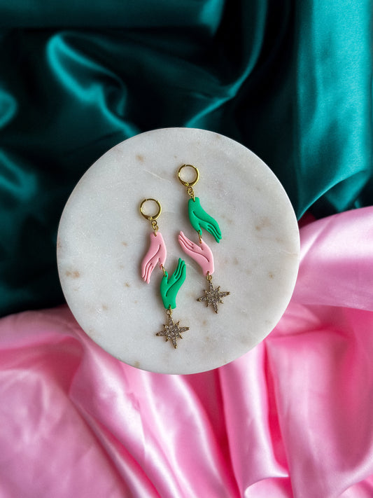 Holding Space Earrings Glinda and Elphaba Wicked earrings pink and green handmade polymer clay dangle earrings Wicked inspired earrings