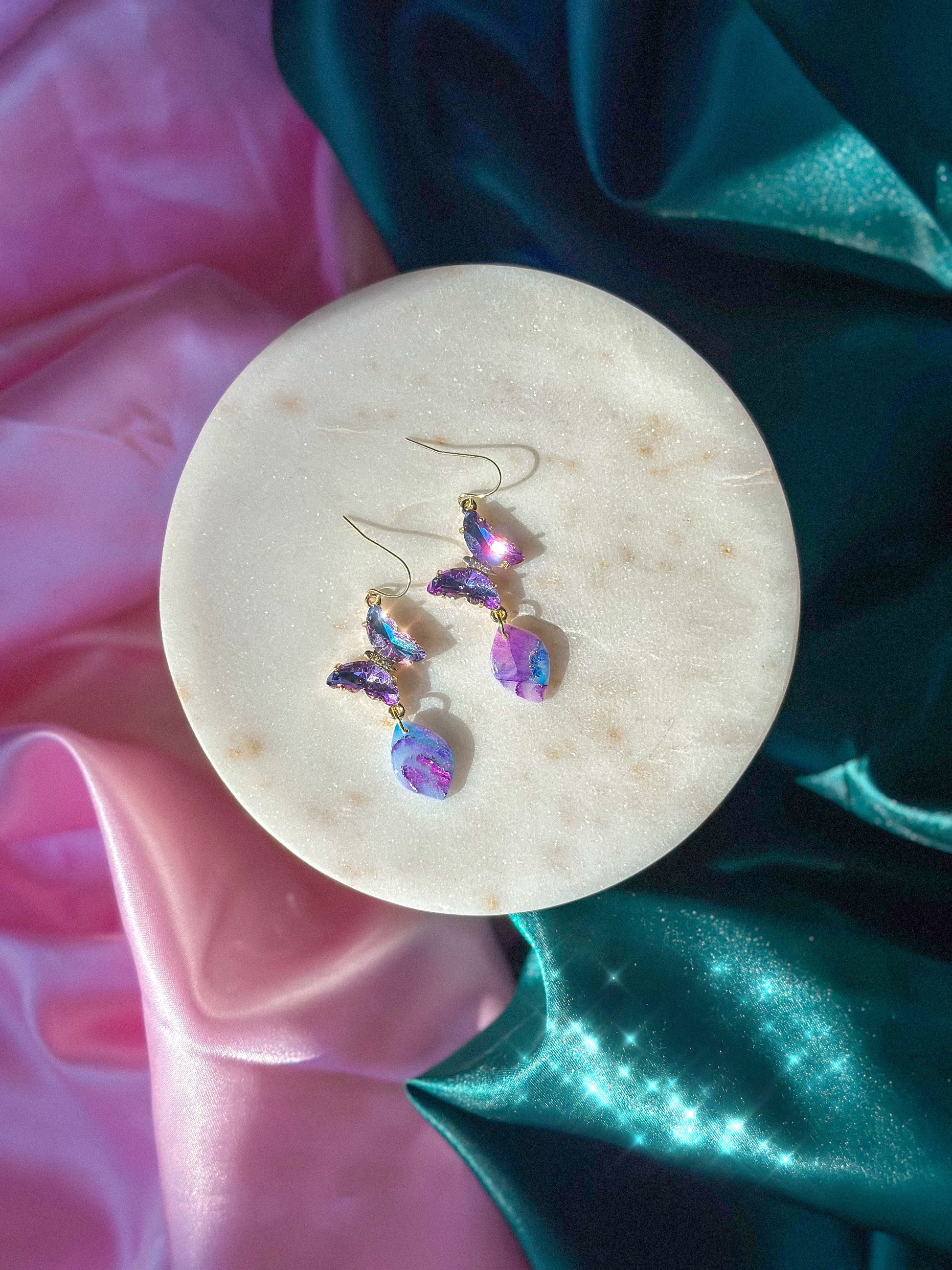 Glinda’s Gown Earrings Stained Glass butterfly earrings handmade polymer clay earrings Wicked inspired earrings pastel stained glass butterfly earrings