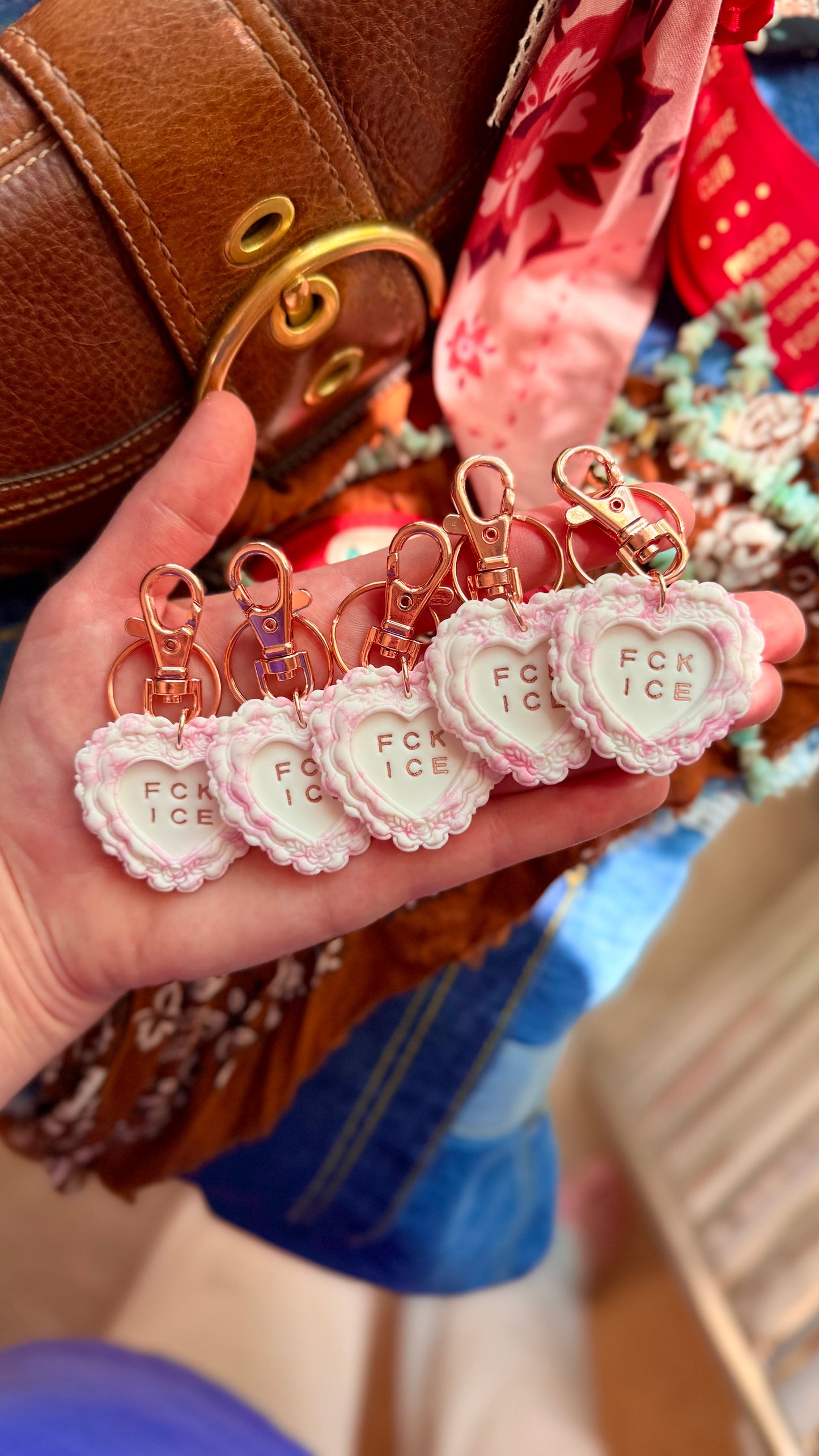 FCK ICE PINK Chinoiserie Heart Keychain in ROSE GOLD- Handmade Polymer Clay Bag Charm- LIMITED EDITION