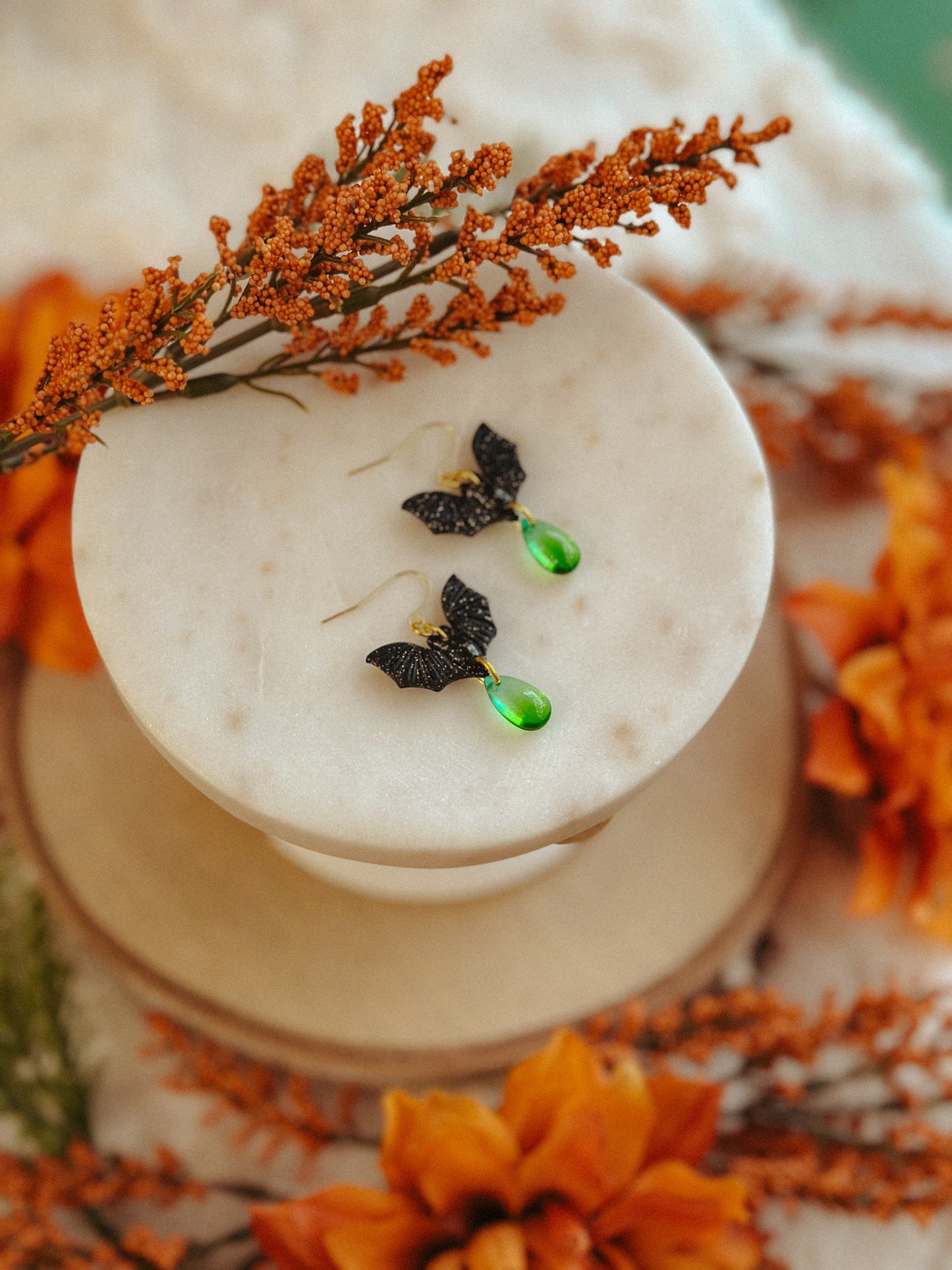 Freakin’ BATS Gemstone Drops – Spooky Polymer Clay & Gemstone Dangle Earrings