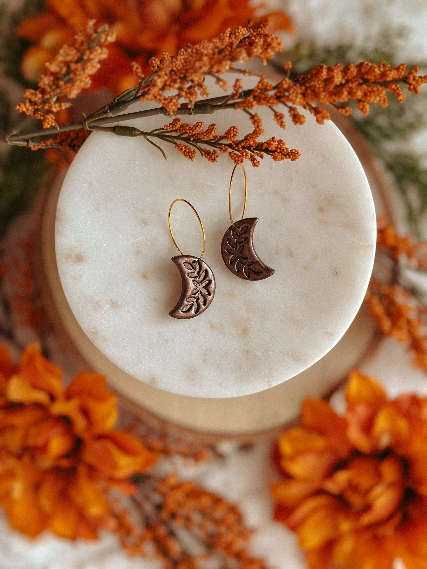 Mocha Shimmer Crescent Moon Hoops – Shimmery Moon Hoop Earrings in Mulberry