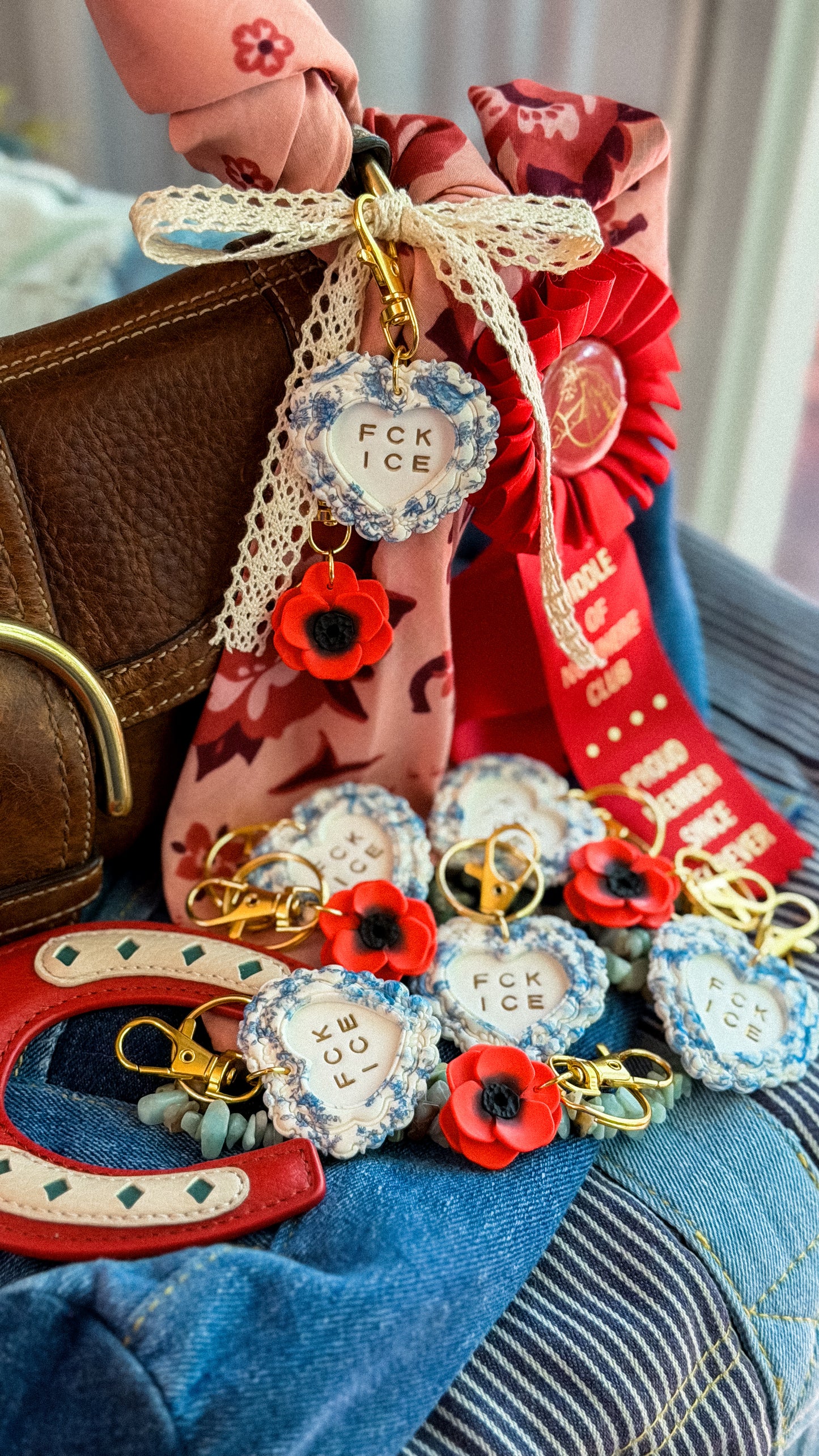 FCK ICE Chinoiserie Heart Keychain in GOLD- Handmade Polymer Clay Bag Charm