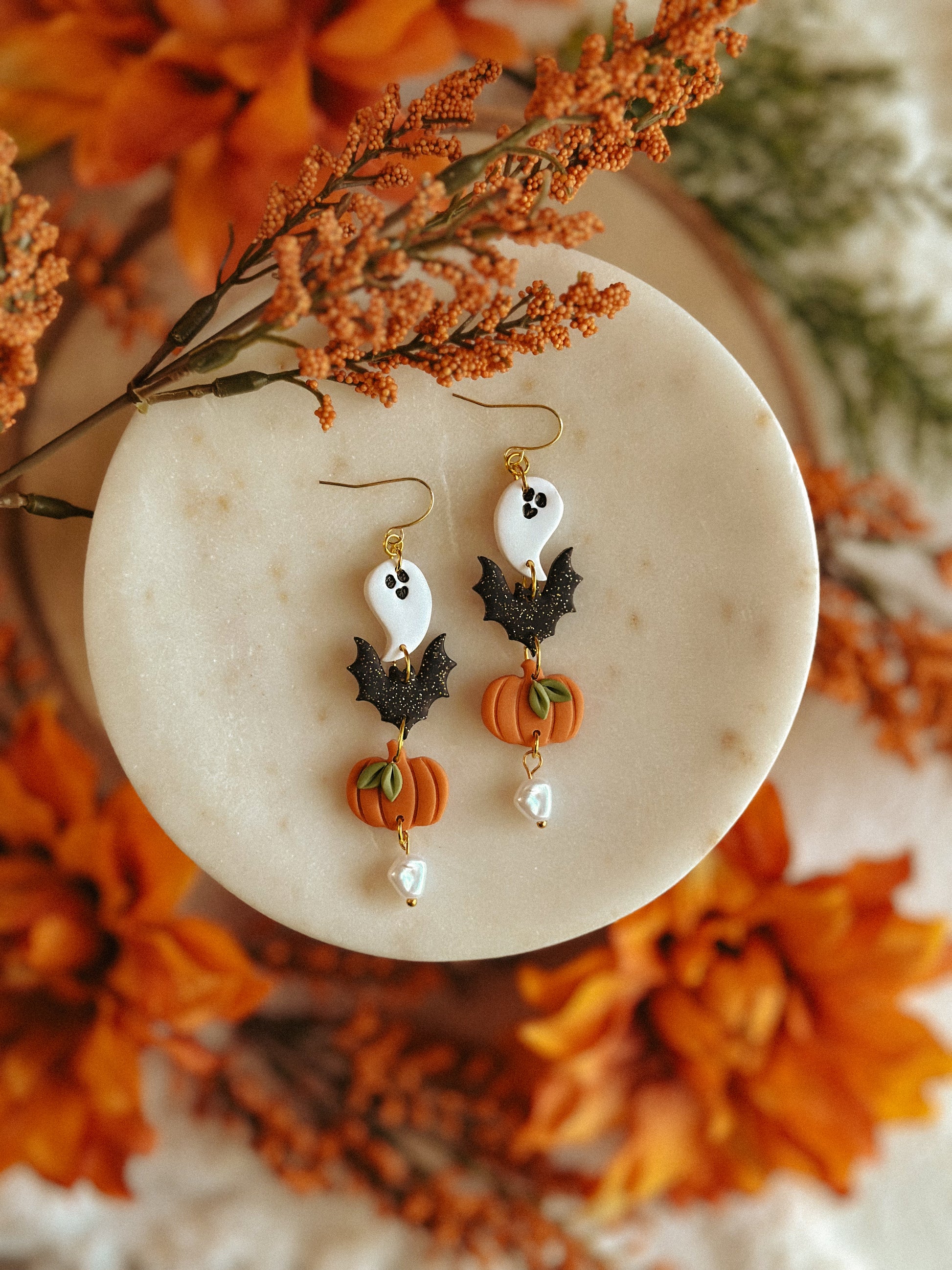 Halloween Charms Pearl Dangles polymer clay drop earrings with pearl accents