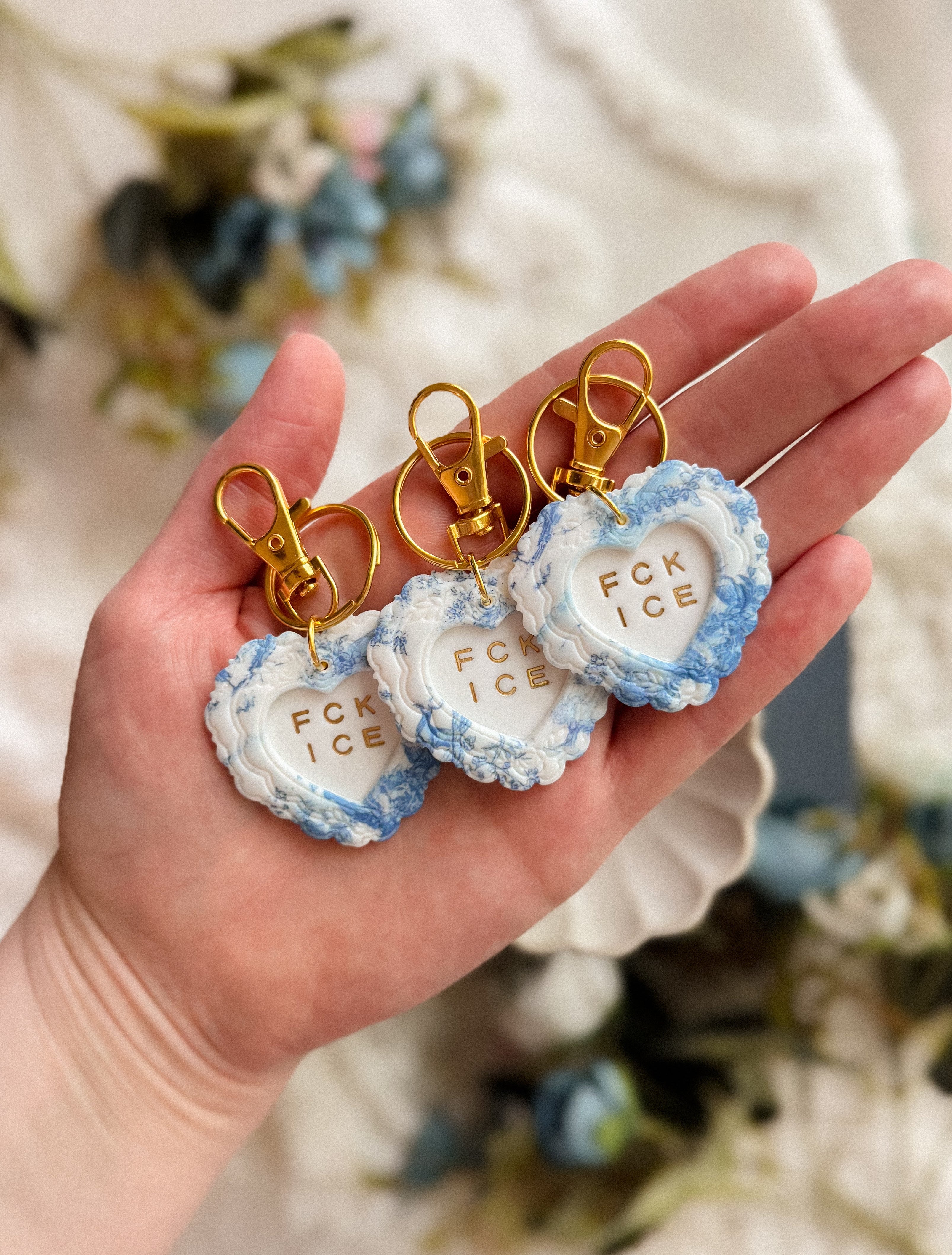 IMPERFECT~ FCK ICE Chinoiserie Heart Keychain in GOLD- Handmade