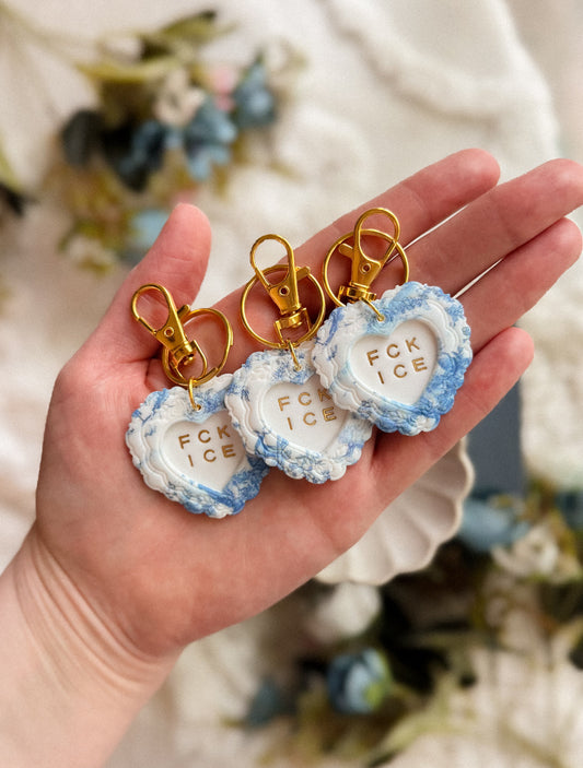 IMPERFECT~ FCK ICE Chinoiserie Heart Keychain in GOLD- Handmade Polymer Clay Bag Charm